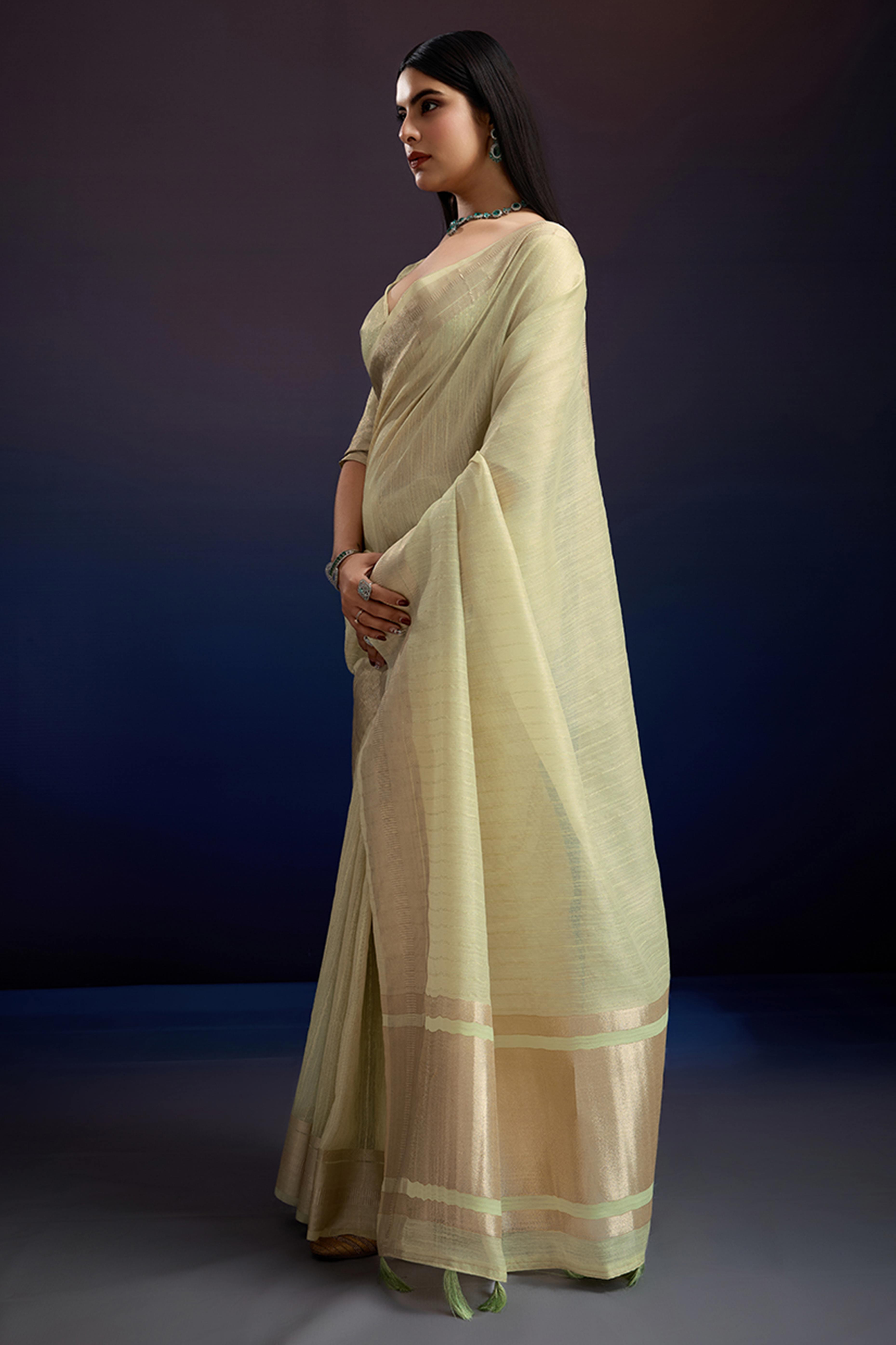 Festive Wear Green Zari Woven Saree in Pure Linen Fabric