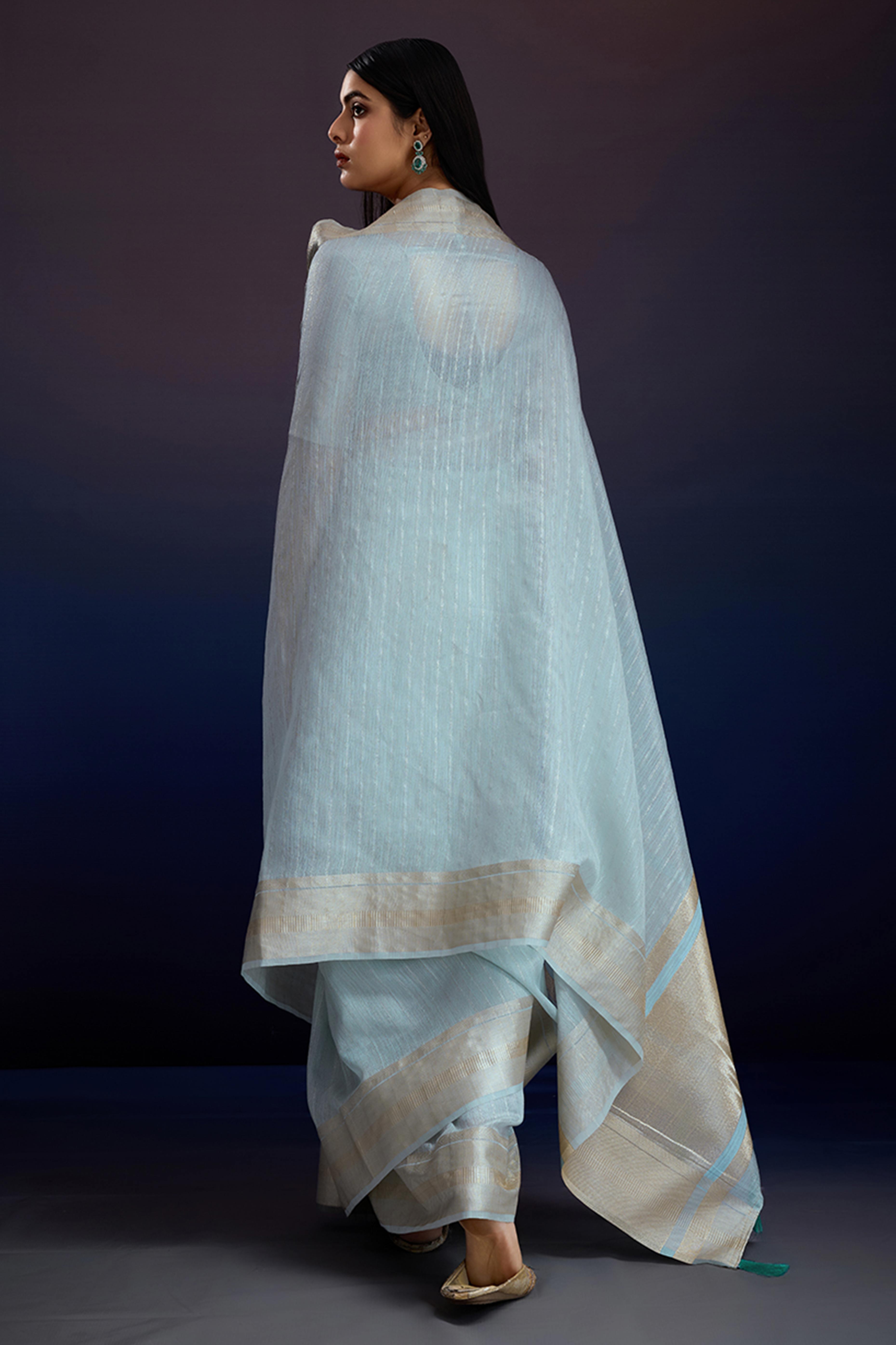 Festive Wear Blue Zari Woven Saree in Pure Linen Fabric