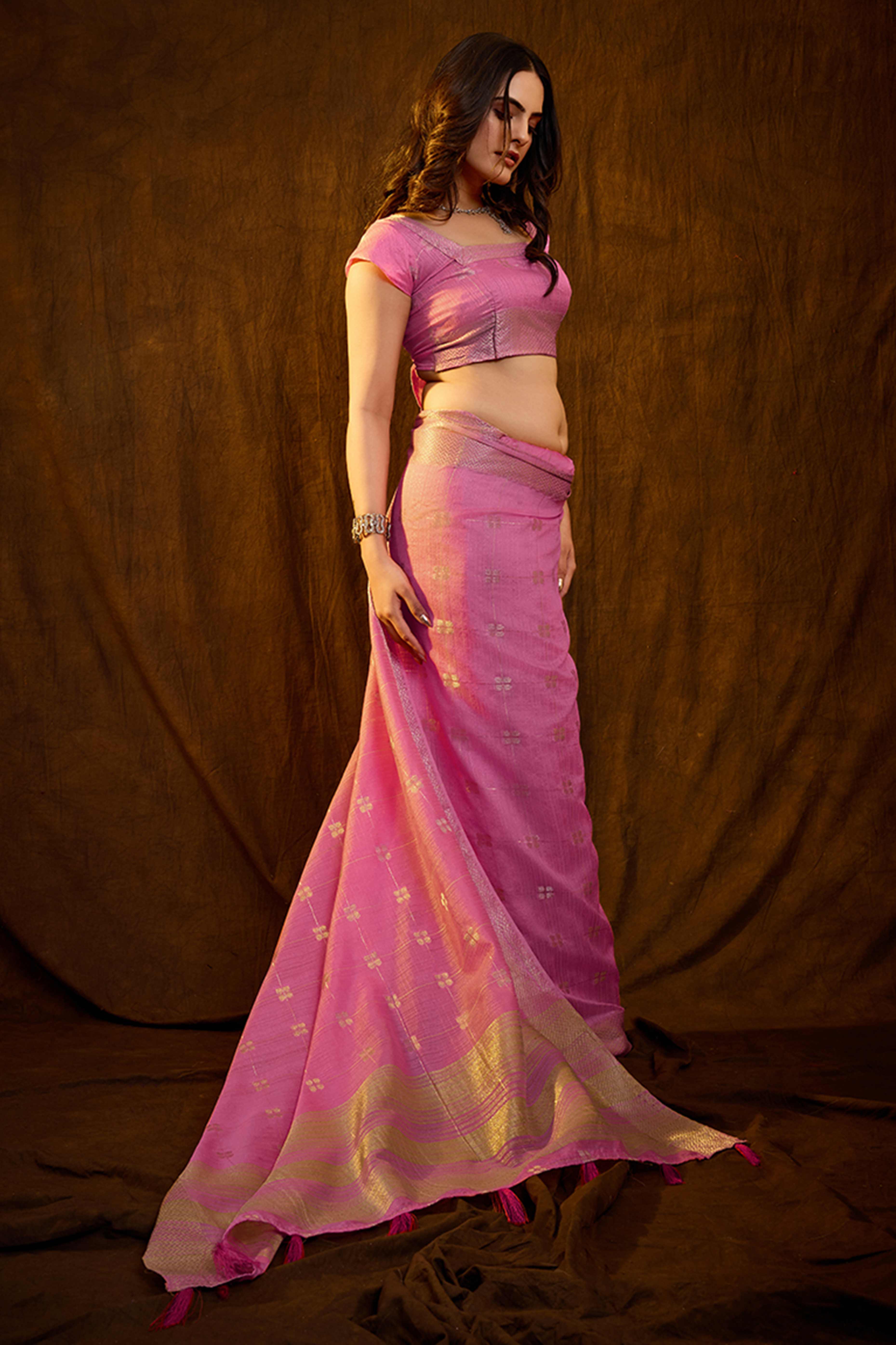 Pink Zari Woven Saree in Lustrous Cotton Silk Fabric