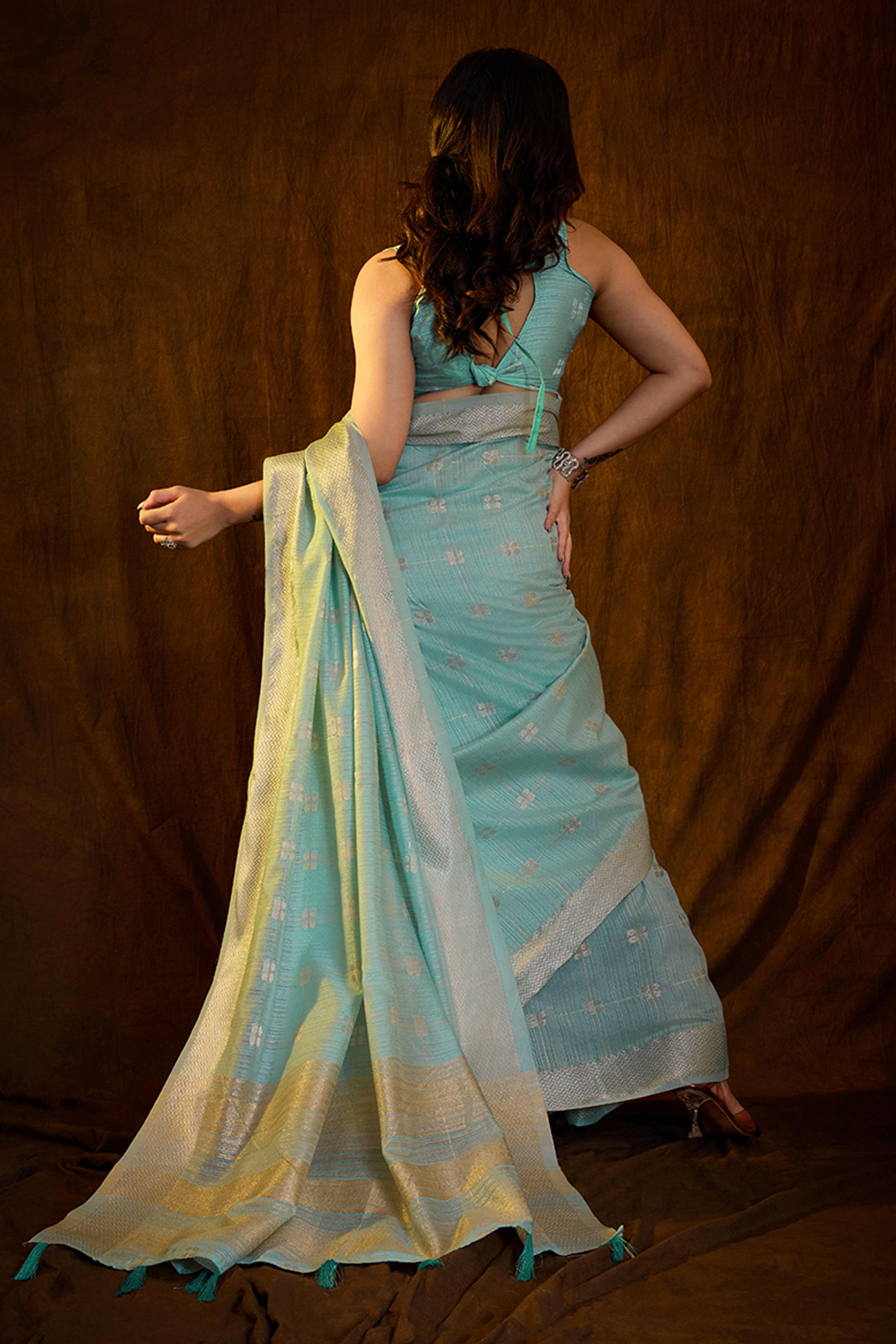 Mint Blue Zari Woven Saree in Lustrous Cotton Silk Fabric