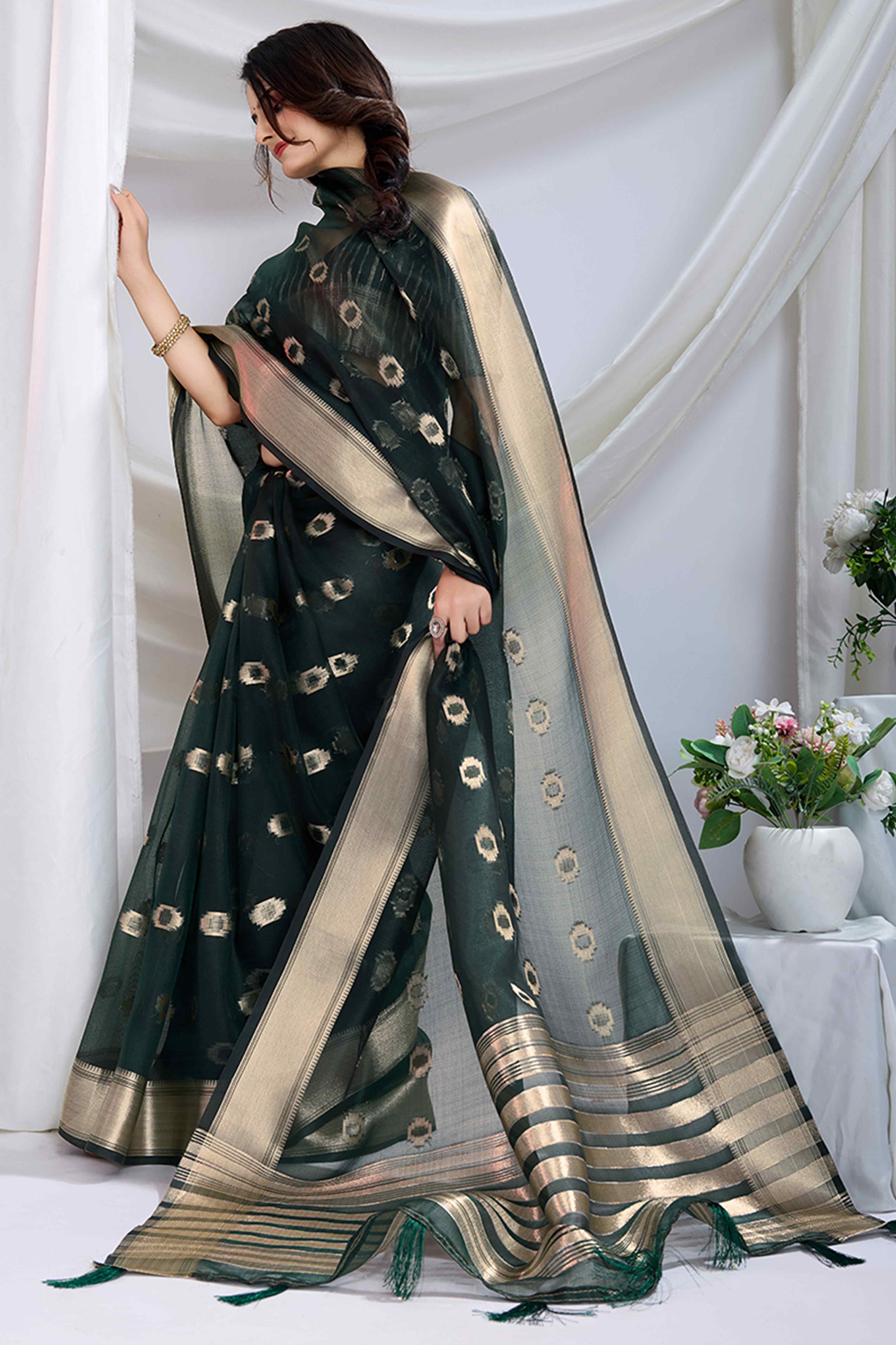 Dark Green Zari Butti Saree in Lightweight Tissue Fabric