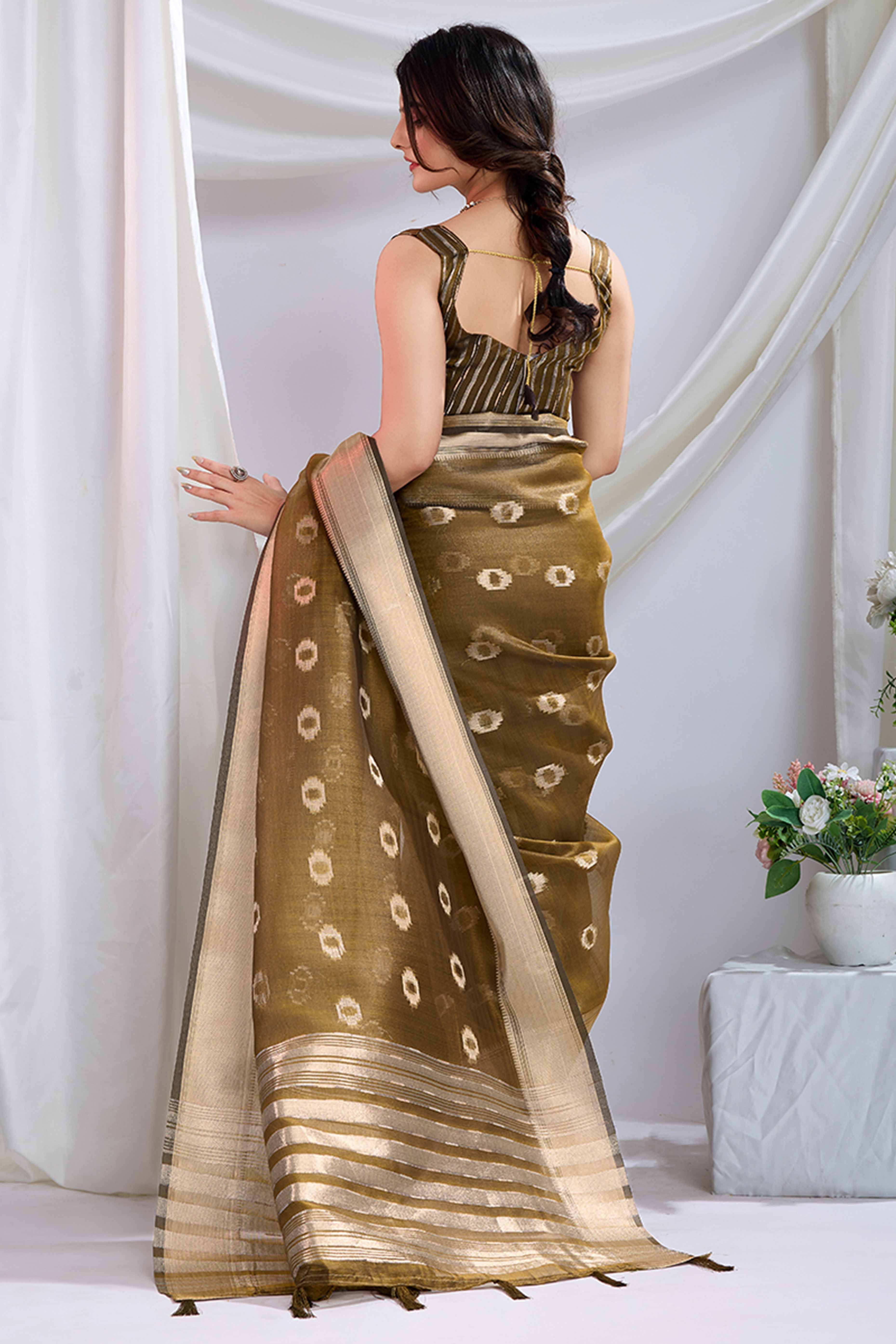 Olive Zari Butti Saree in Lightweight Tissue Fabric