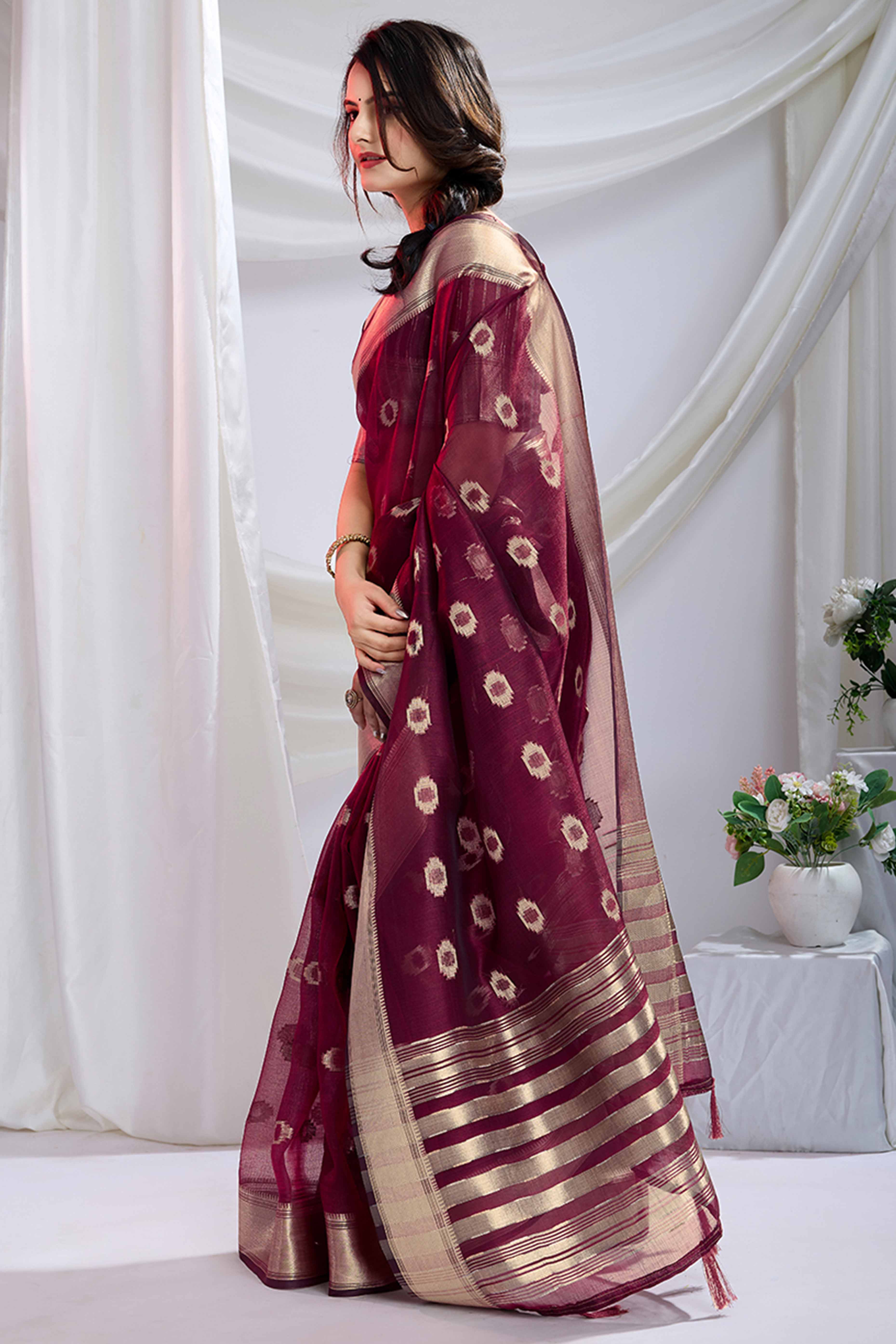 Dark Maroon Zari Butti Saree in Lightweight Tissue Fabric