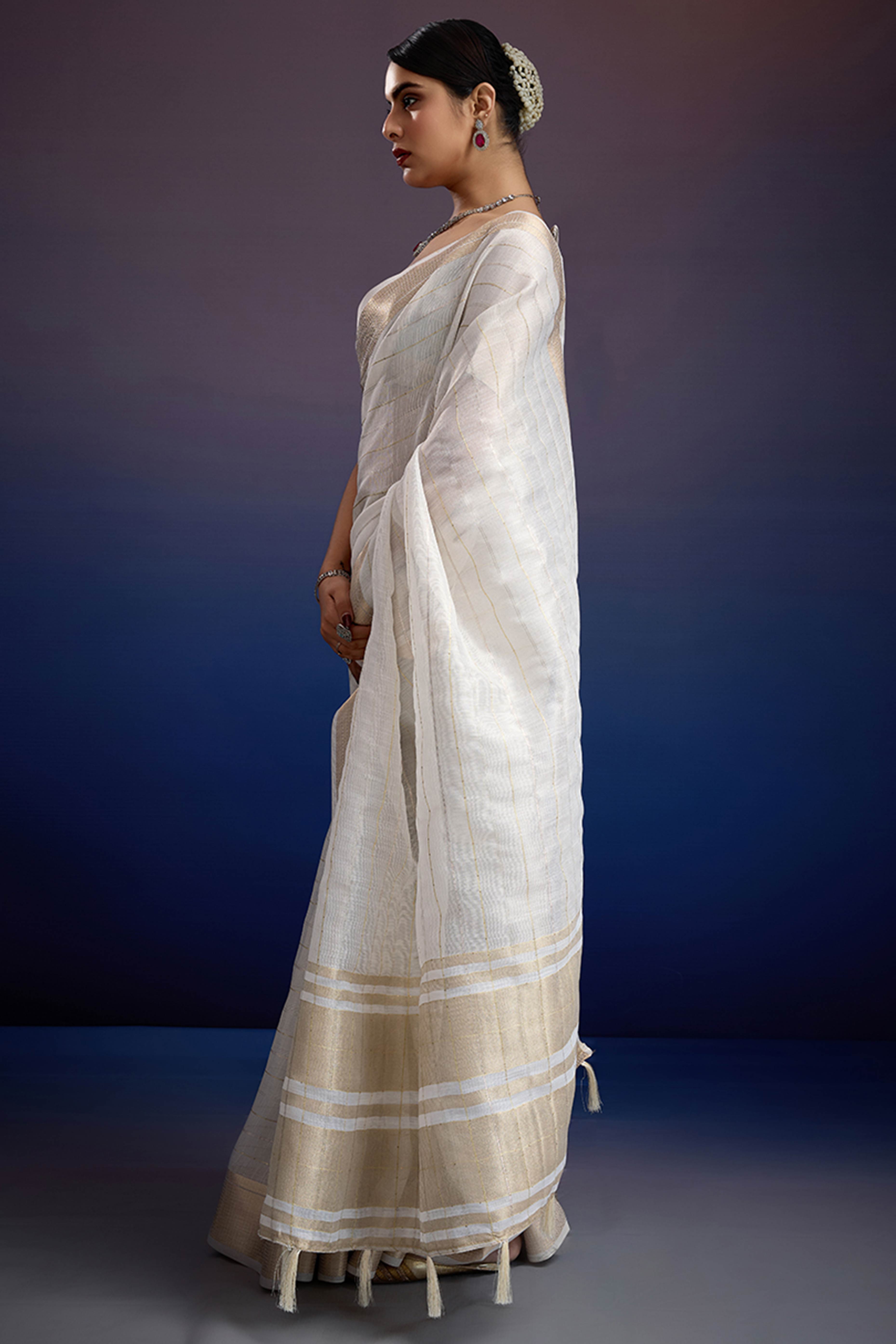 Off White Pure Linen Saree with Gold Toned Zari Weave