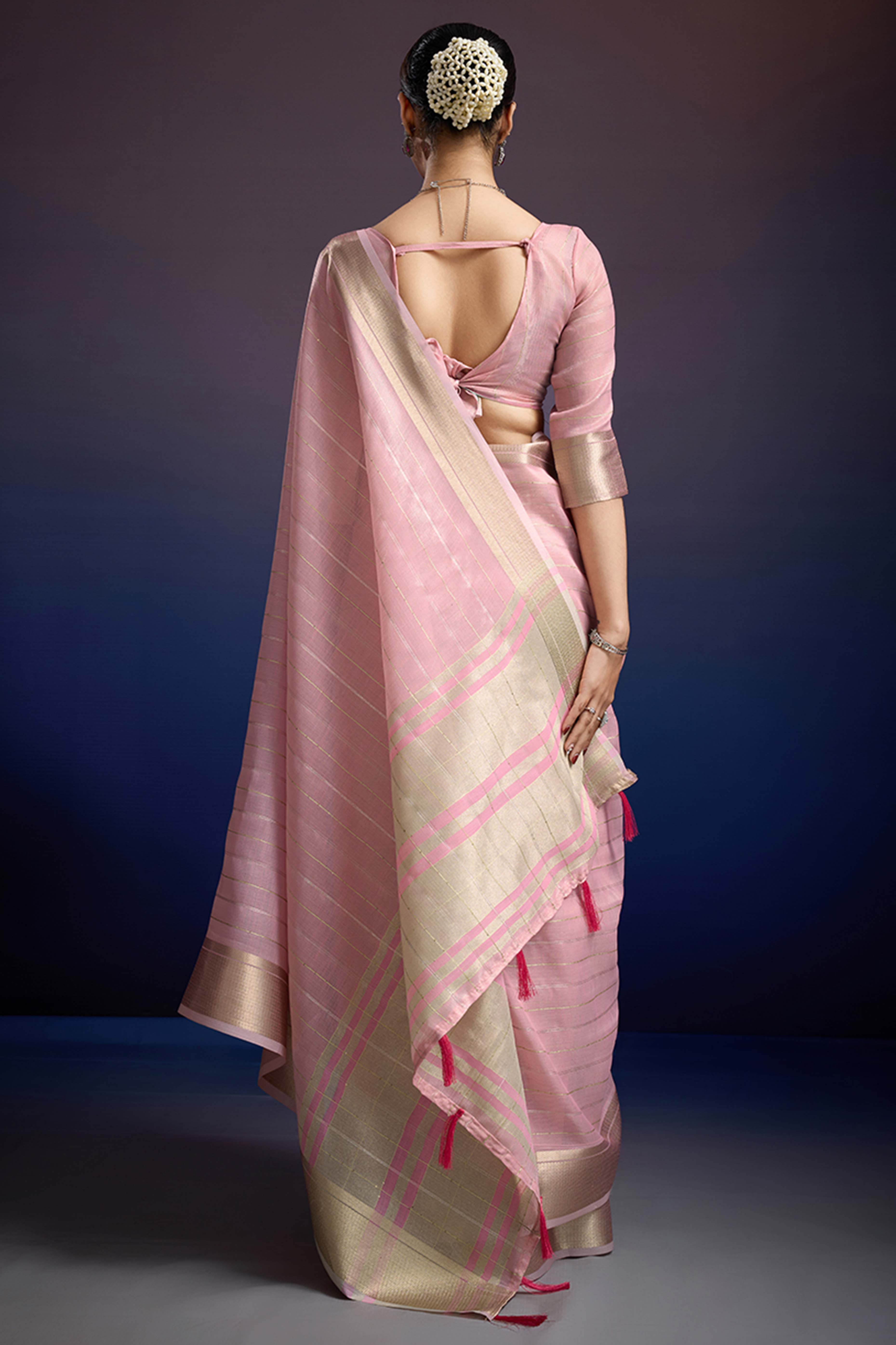 Soft Pink Pure Linen Saree with Gold Toned Zari Weave