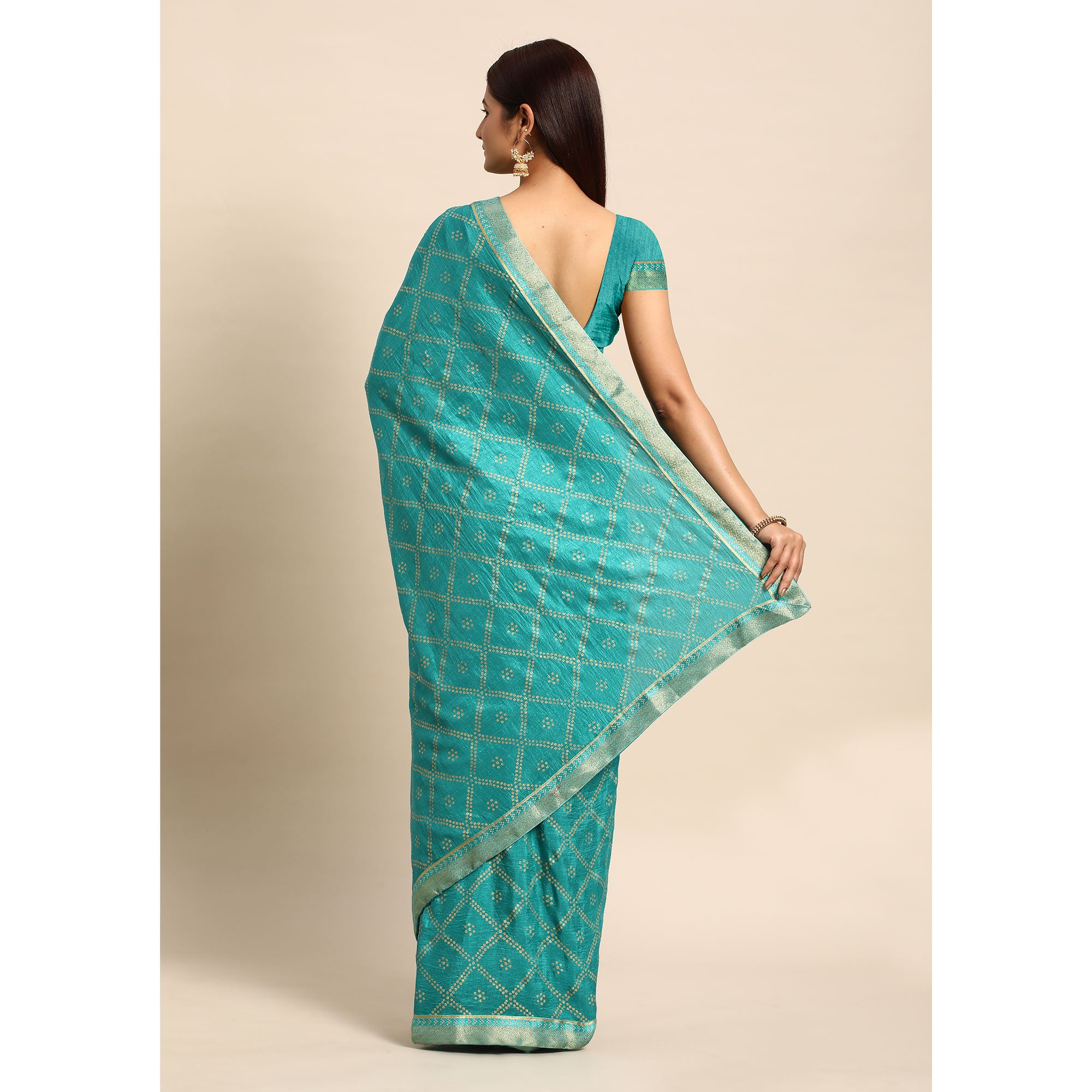 Rama Blue Bandhani Foil Printed Vichitra Silk Saree