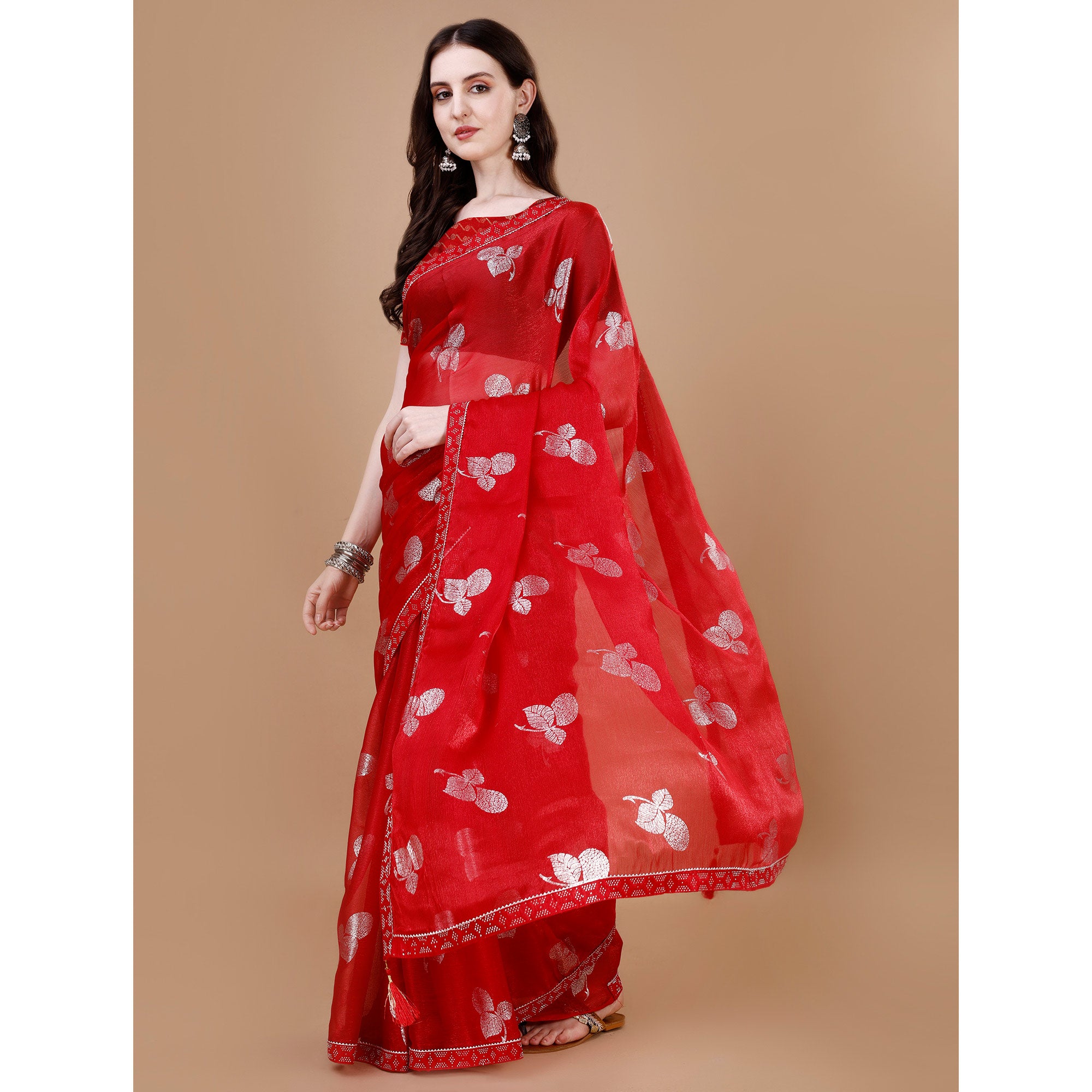 Red Floral Foil Printed Chiffon Saree