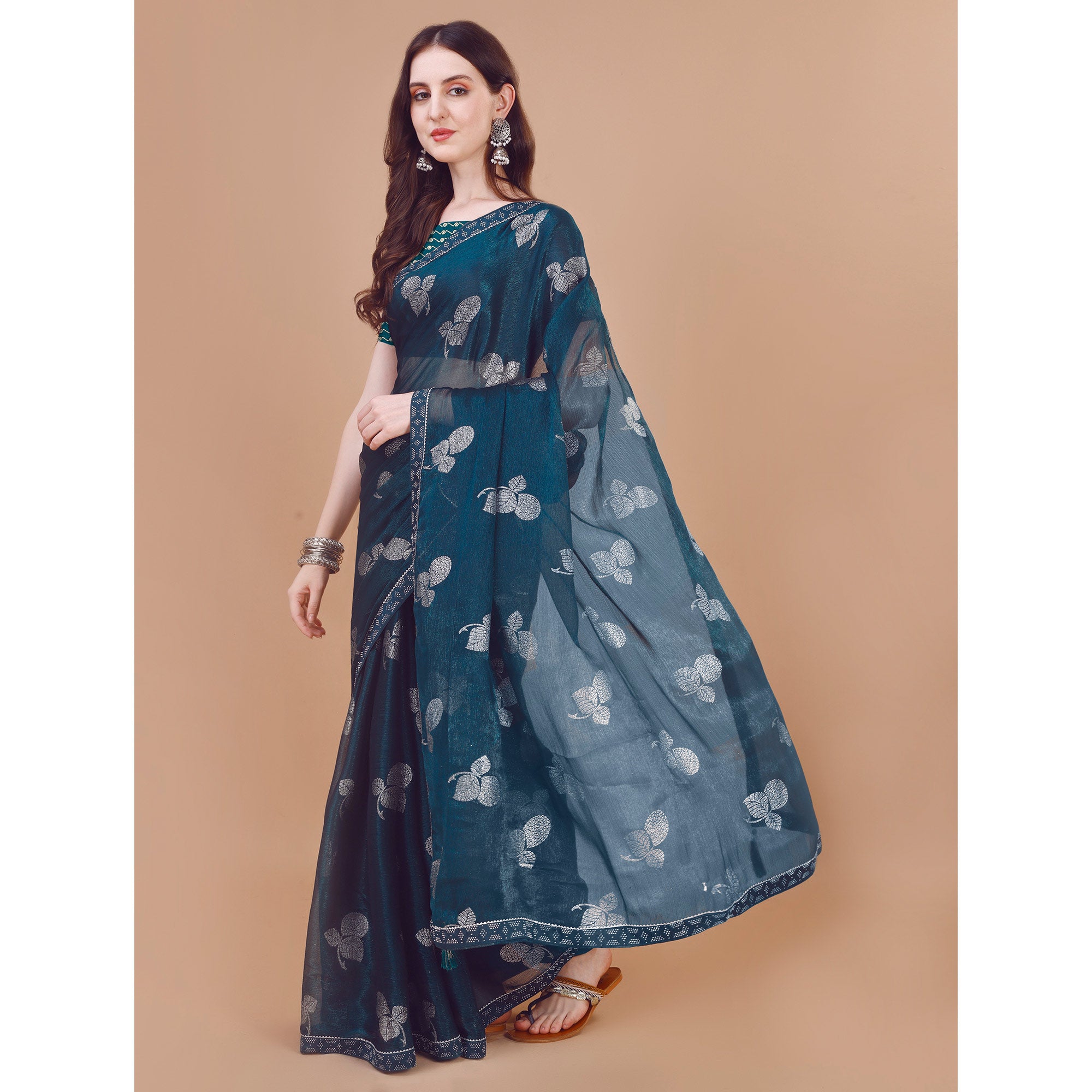 Dark Blue Floral Foil Printed Chiffon Saree