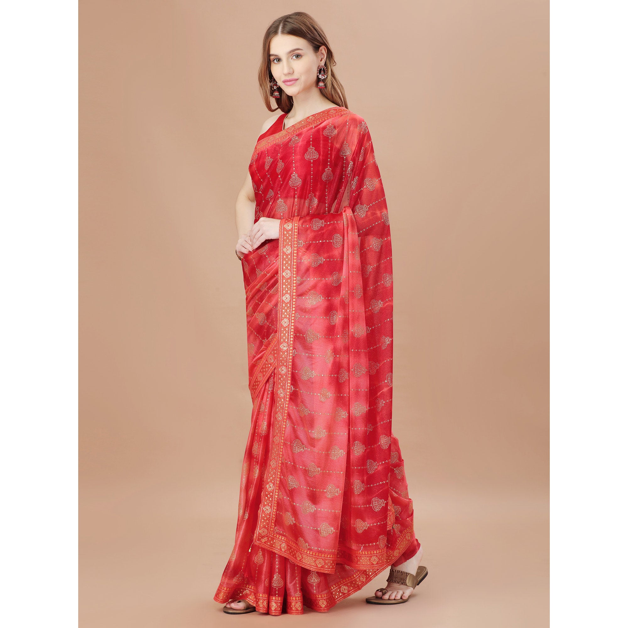 Red Foil Printed Lycra Saree With Lace Border