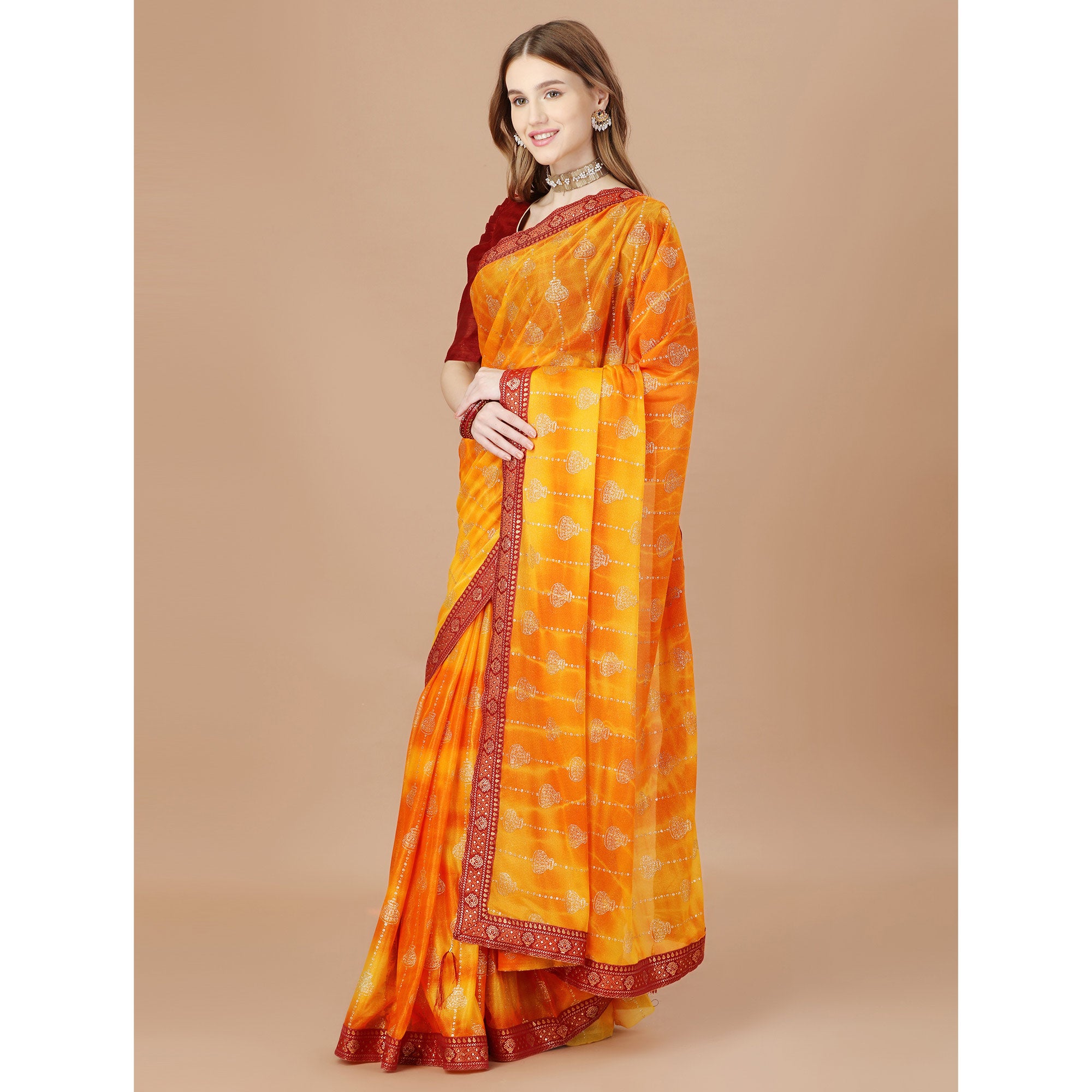 Orange Foil Printed Lycra Saree With Lace Border