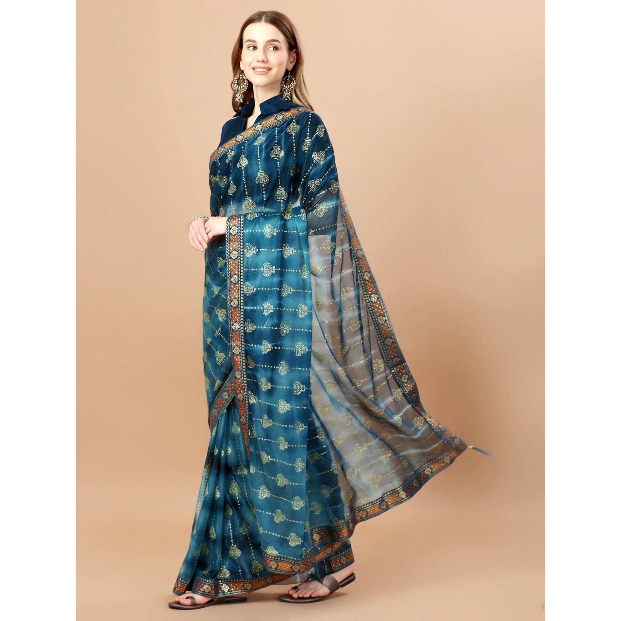 Blue Foil Printed Lycra Saree With Lace Border
