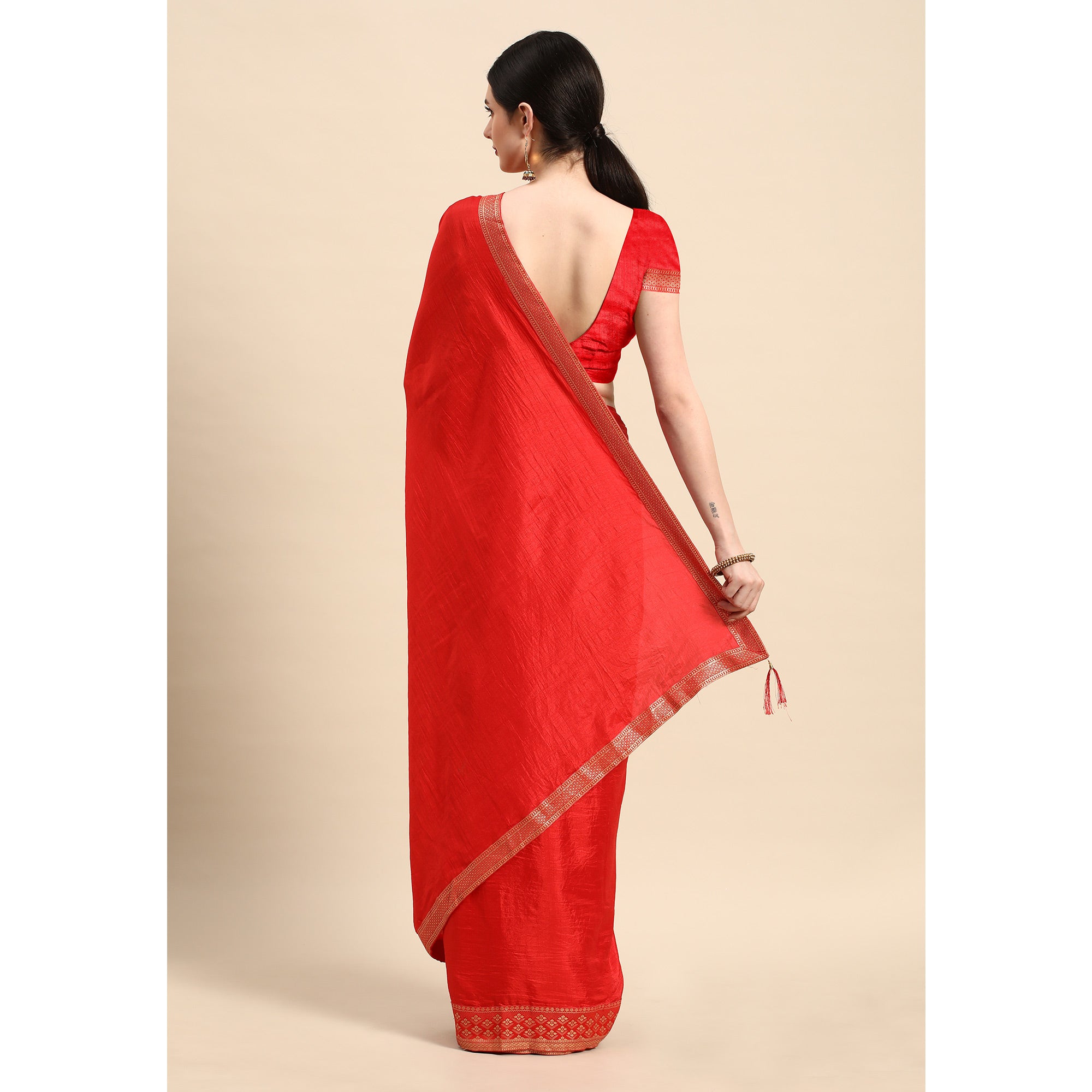 Red Solid Vichitra Silk Saree With Zari Border