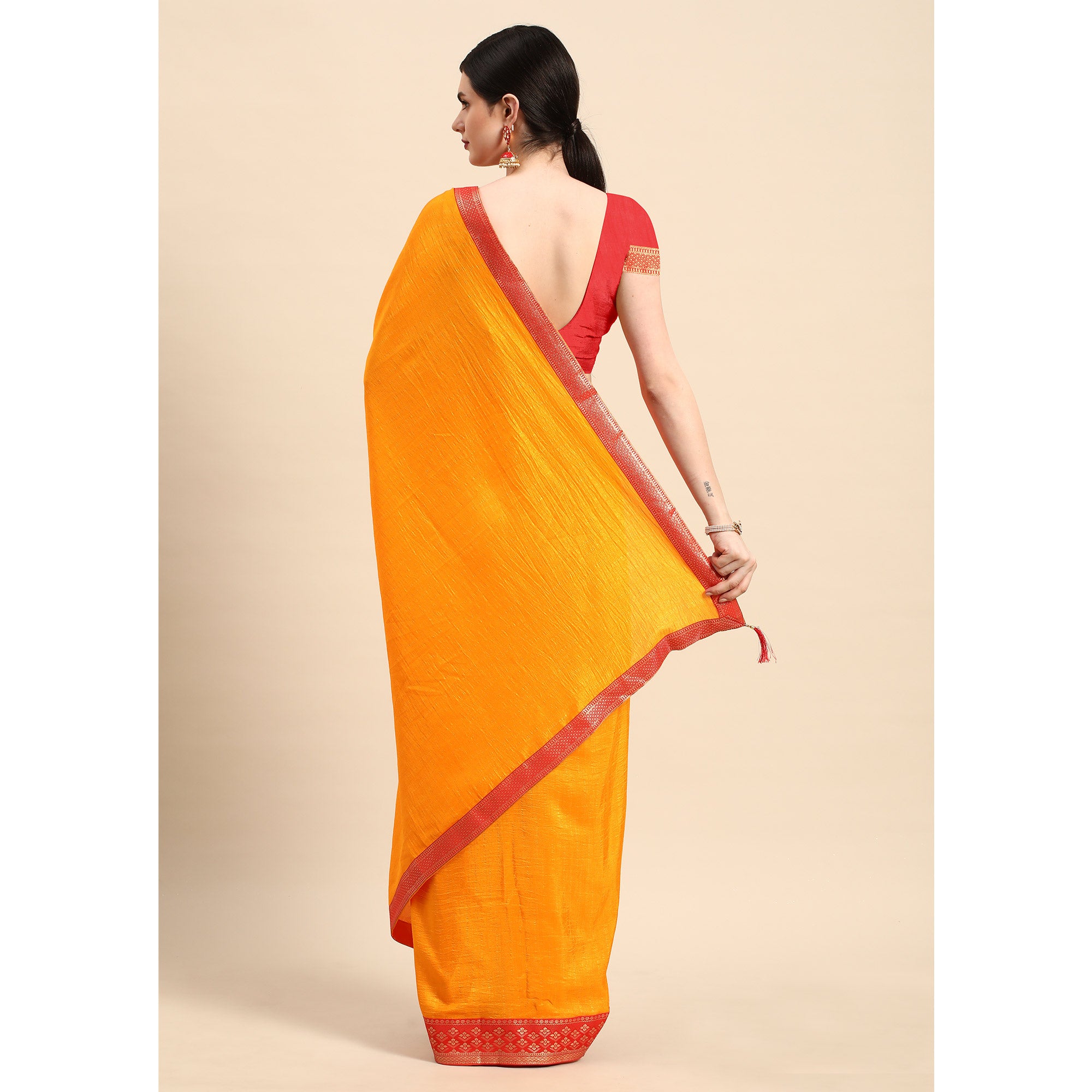 Mustard Solid Vichitra Silk Saree With Zari Border