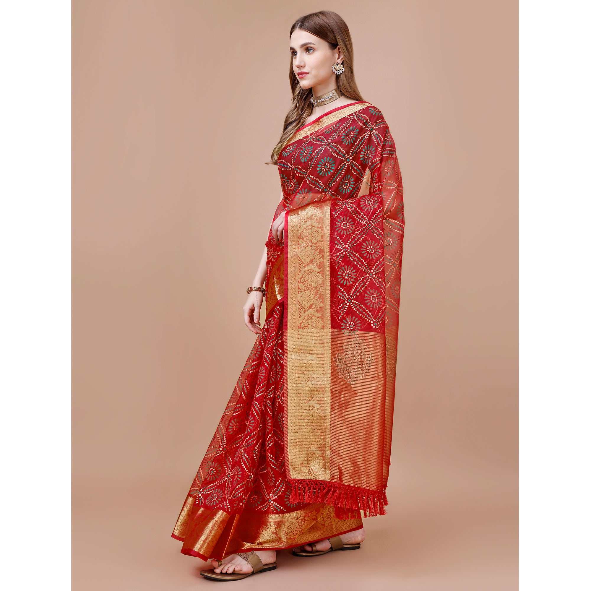 Red Bandhani Printed Organza Saree With Woven Border