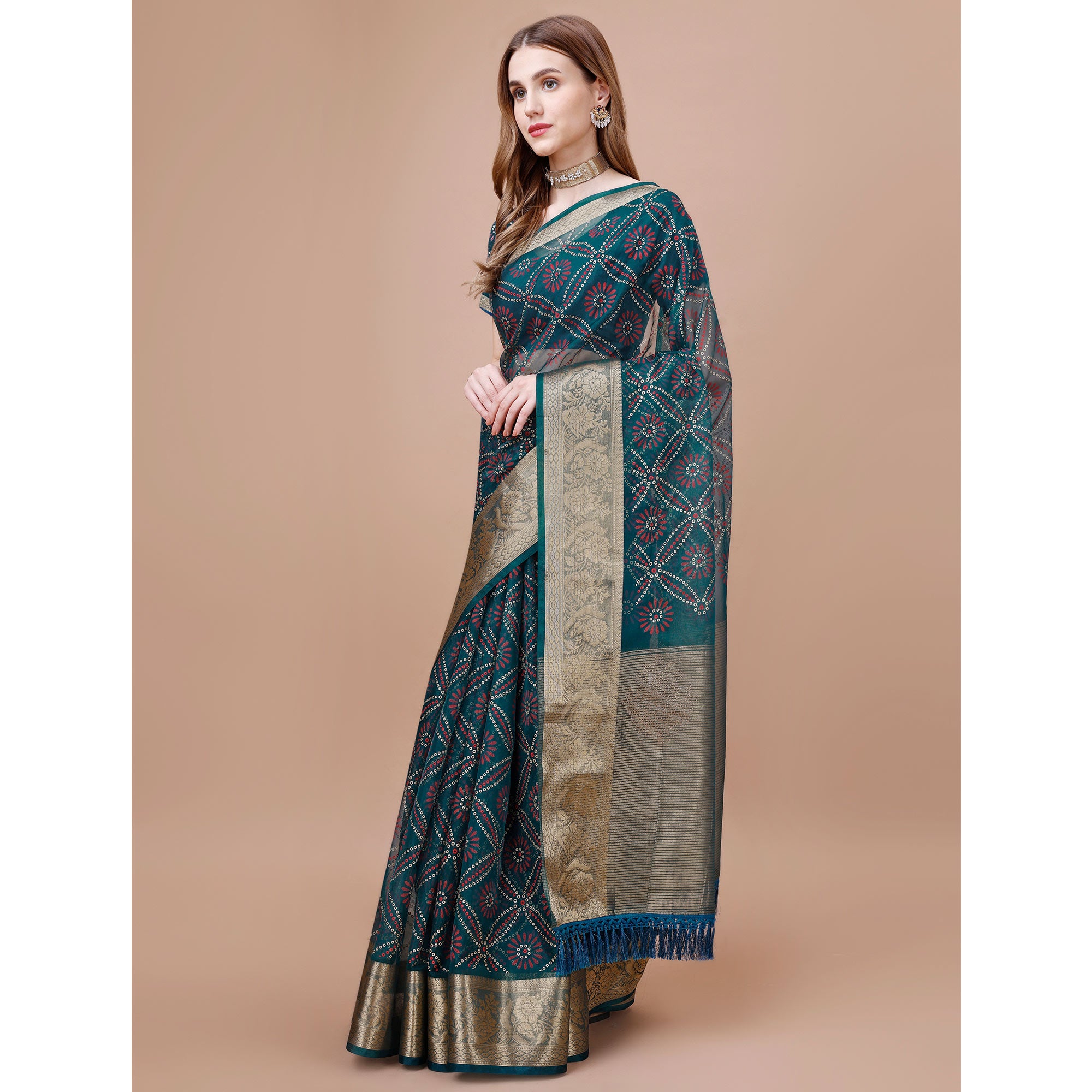 Teal Bandhani Printed Organza Saree With Woven Border