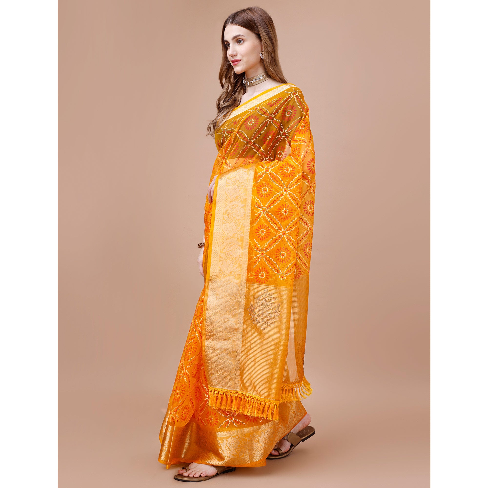 Yellow Bandhani Printed Organza Saree With Woven Border