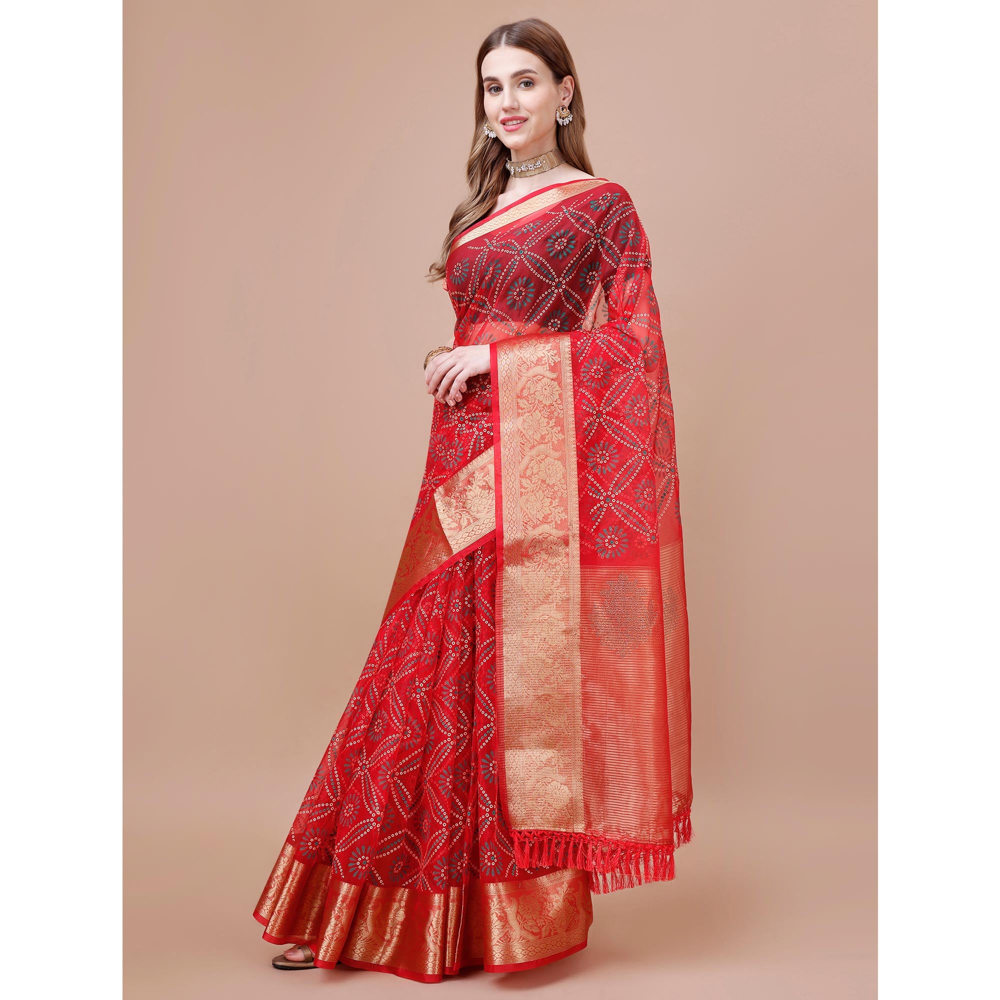 Red Bandhani Printed Organza Saree With Woven Border