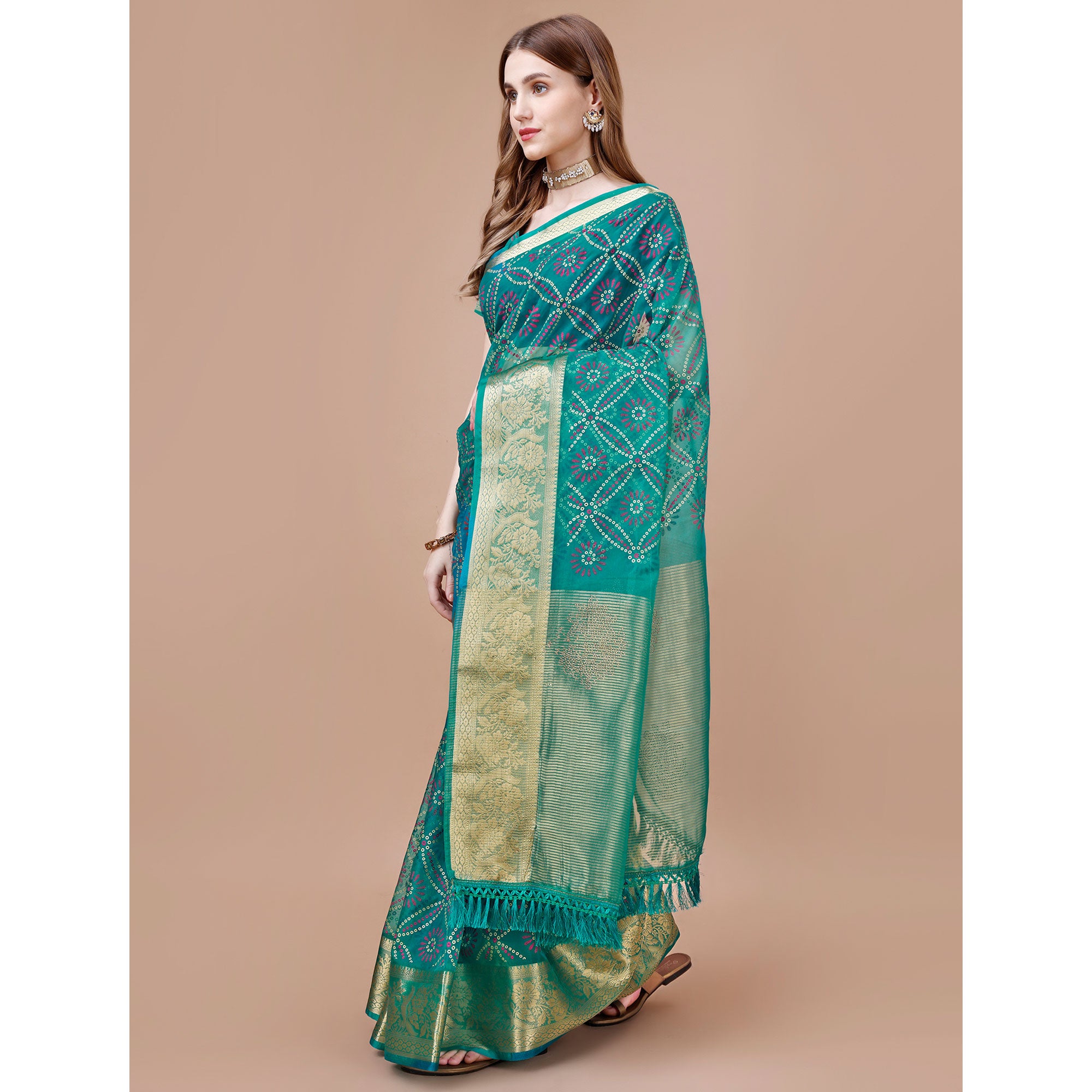 Rama Blue Bandhani Printed Organza Saree With Woven Border