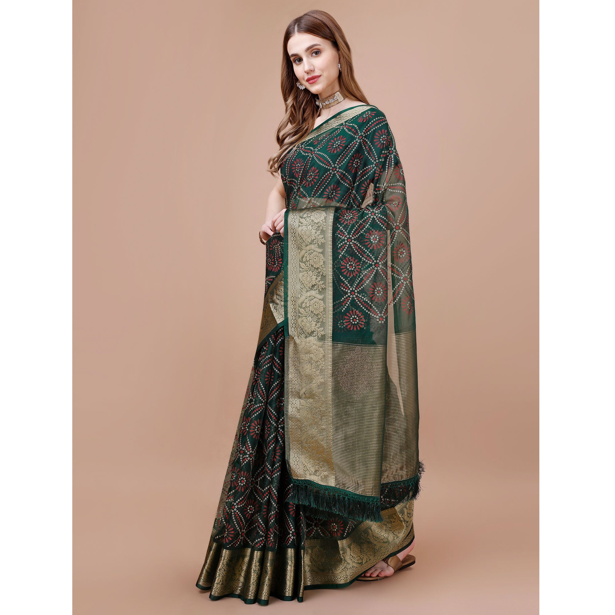 Green Bandhani Printed Organza Saree With Woven Border