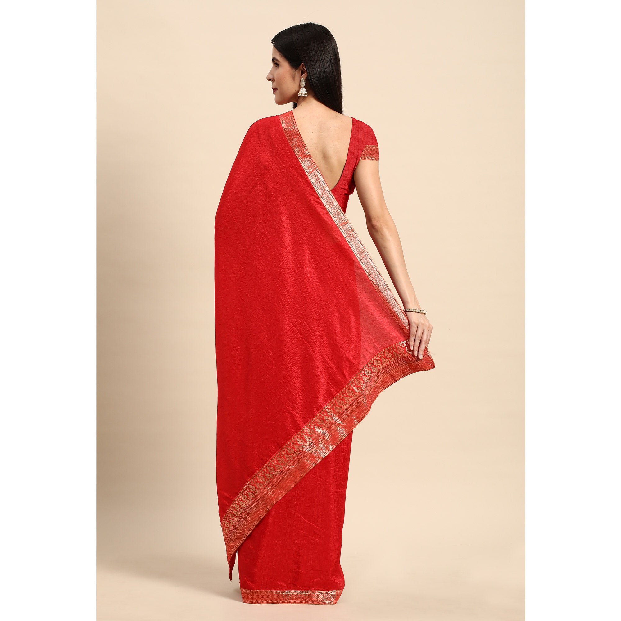 Red Solid Vichitra Silk Saree With Fancy Zari Border