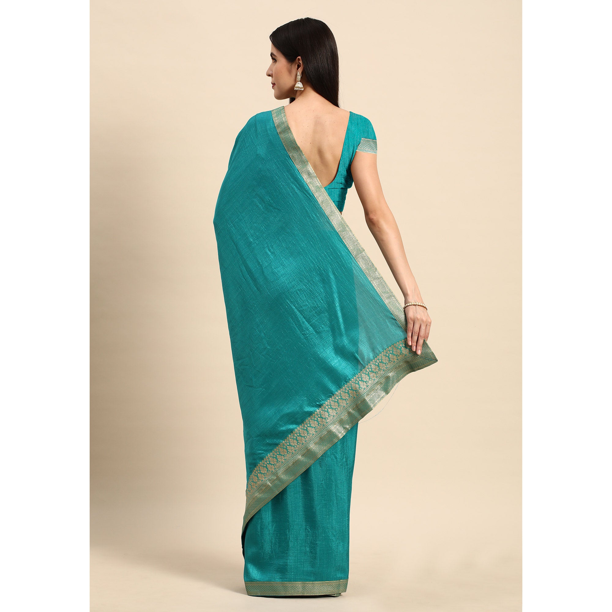 Rama Blue Solid Vichitra Silk Saree With Fancy Zari Border