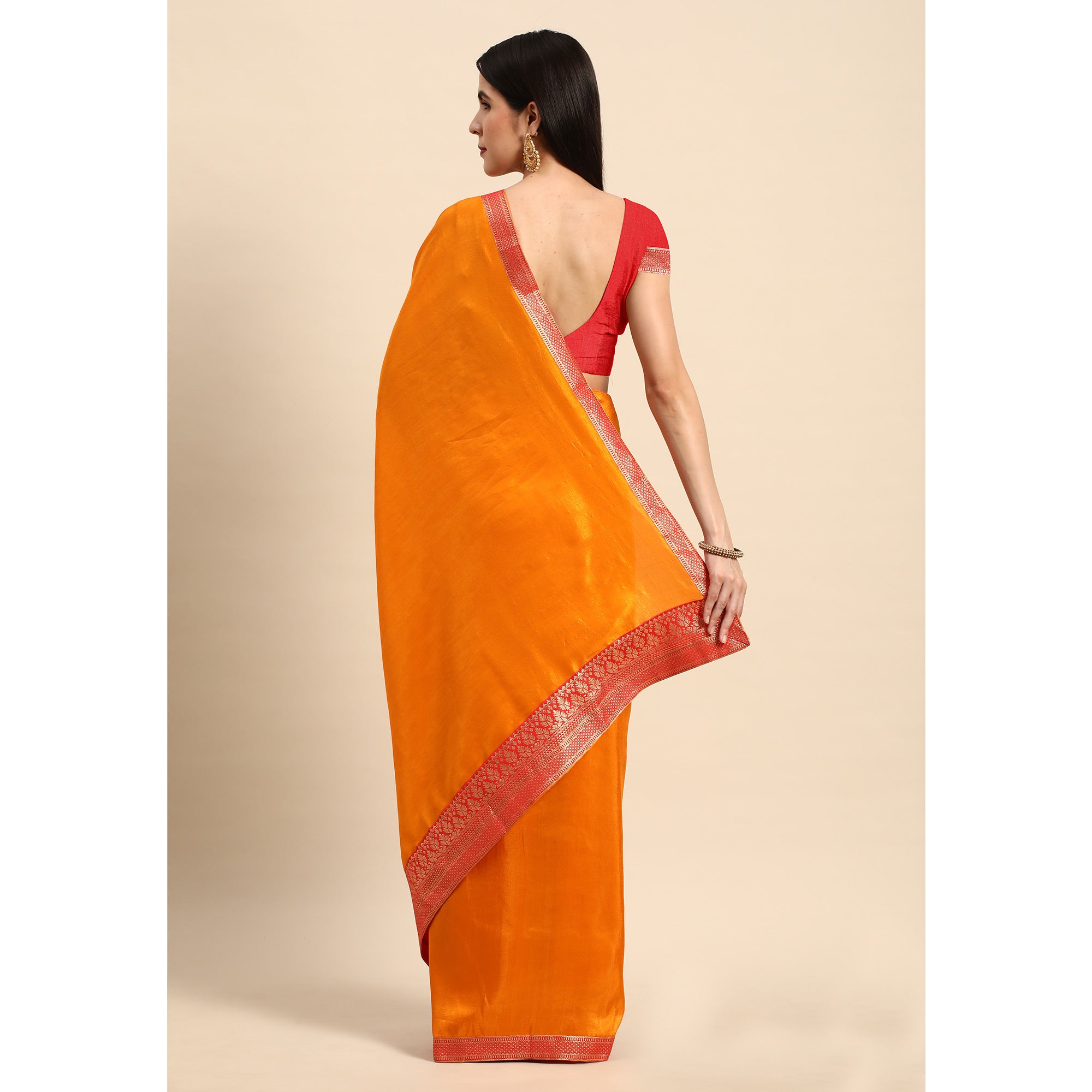 Mustard Solid Vichitra Silk Saree With Fancy Zari Border