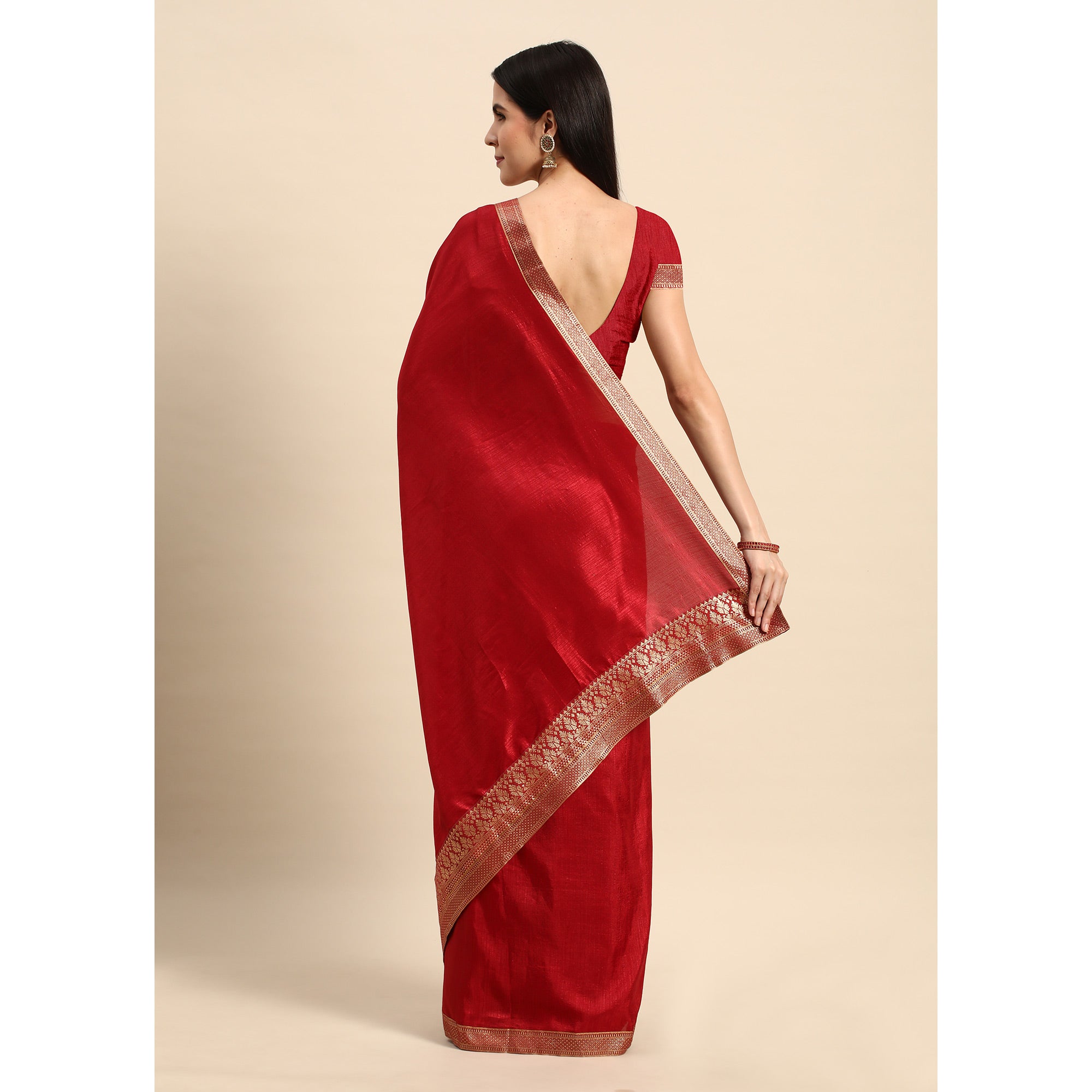 Maroon Solid Vichitra Silk Saree With Fancy Zari Border