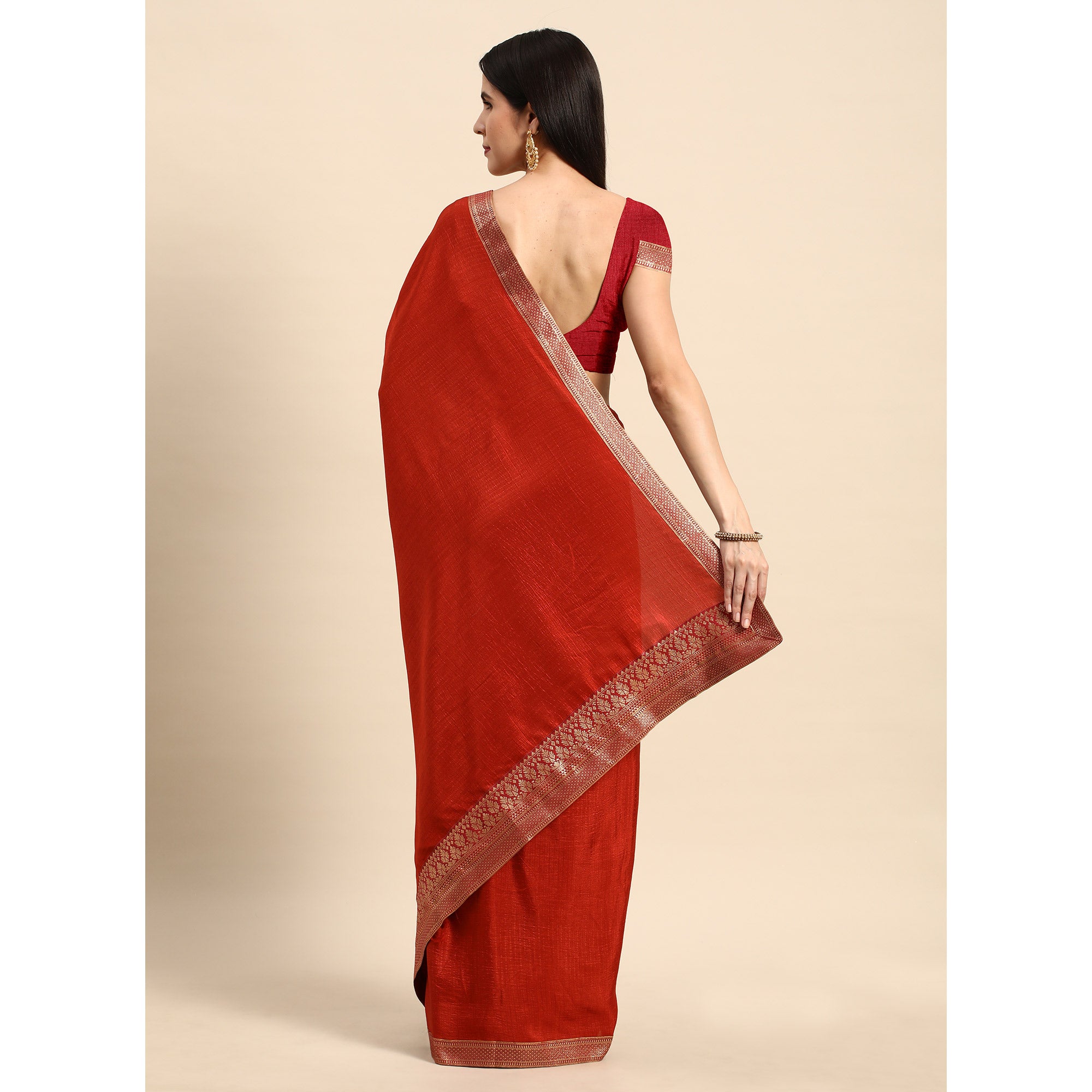 Rust Solid Vichitra Silk Saree With Fancy Zari Border