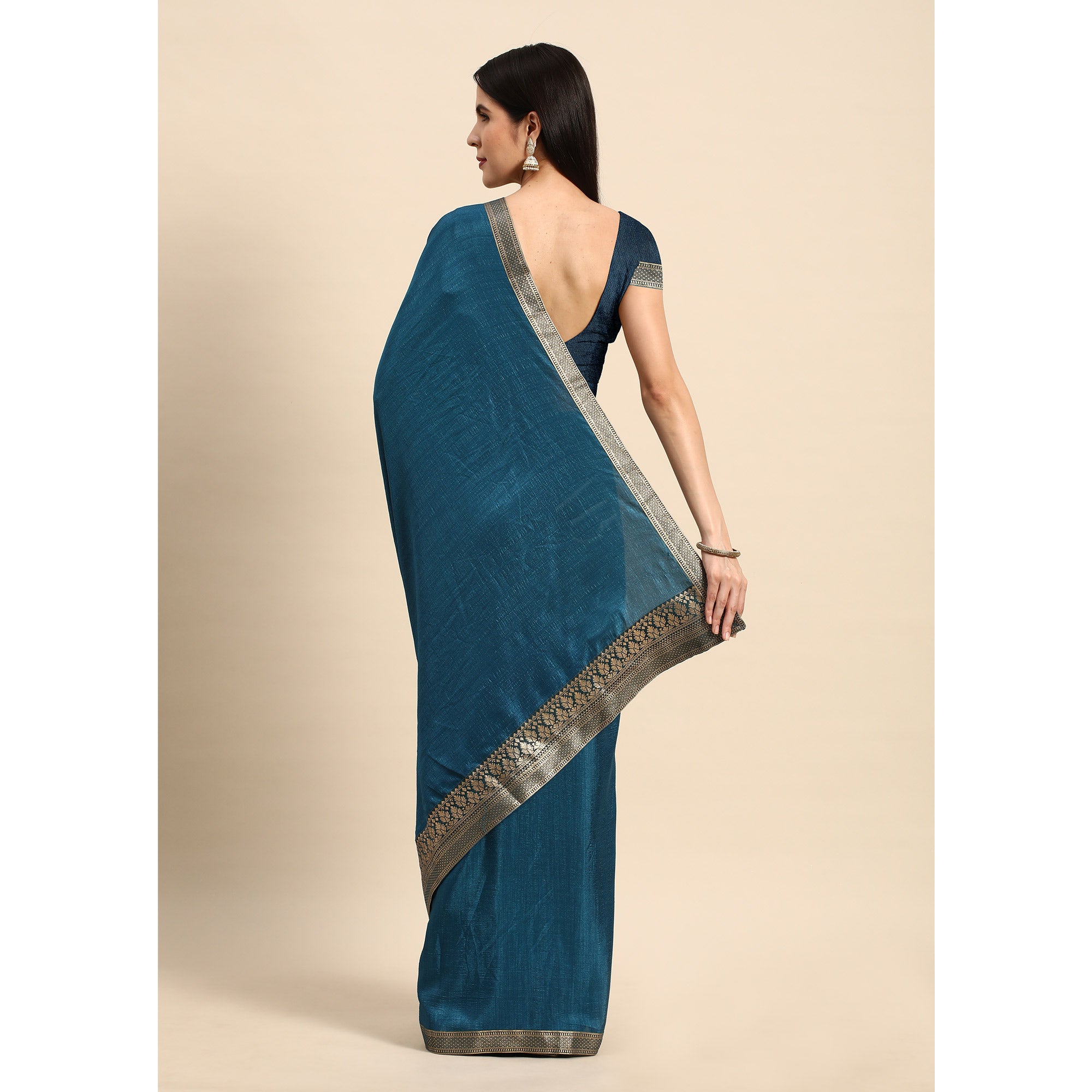 Blue Solid Vichitra Silk Saree With Fancy Zari Border