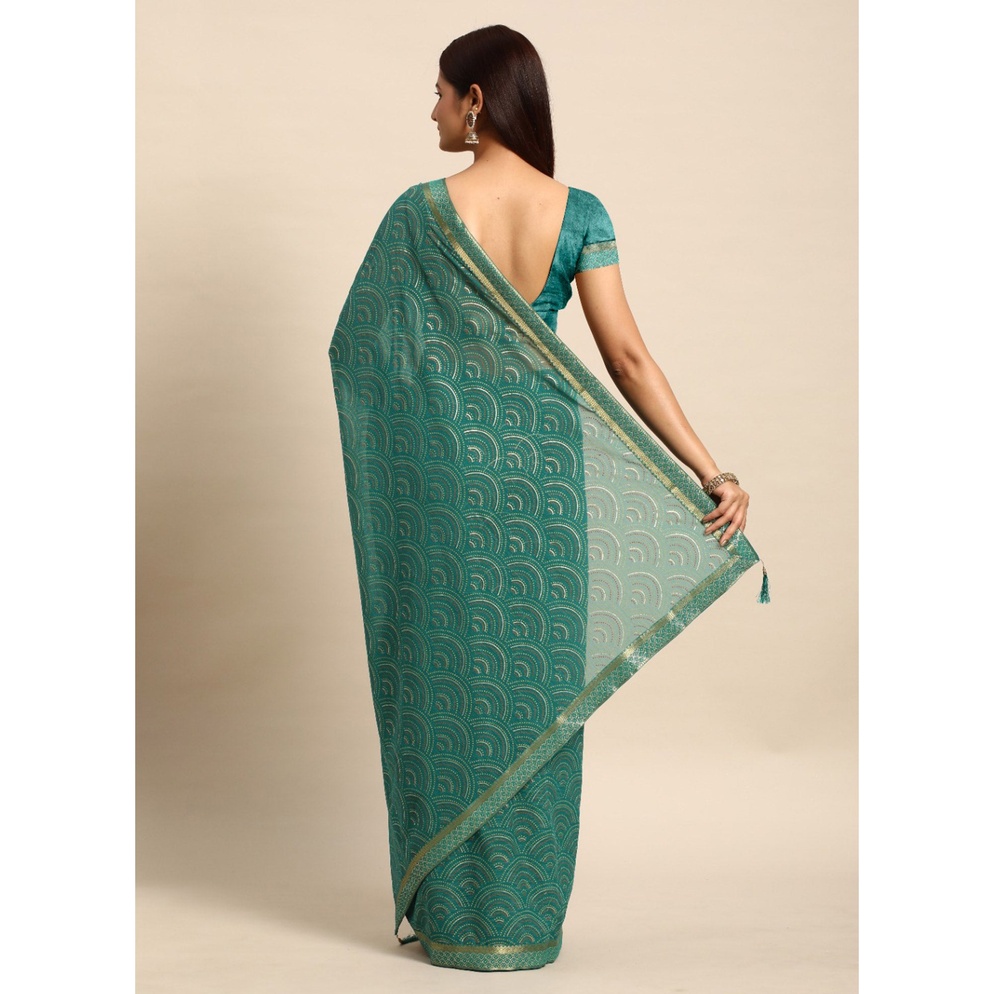 Teal Green Foil Printed Chiffon Saree With Tassels