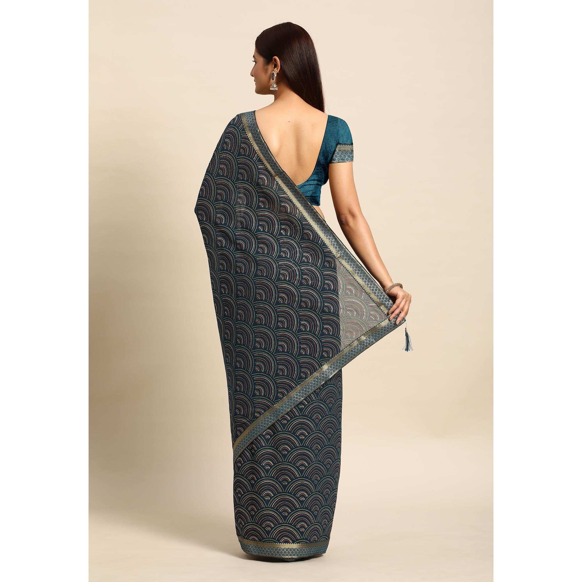 Teal Blue Foil Printed Chiffon Saree With Tassels
