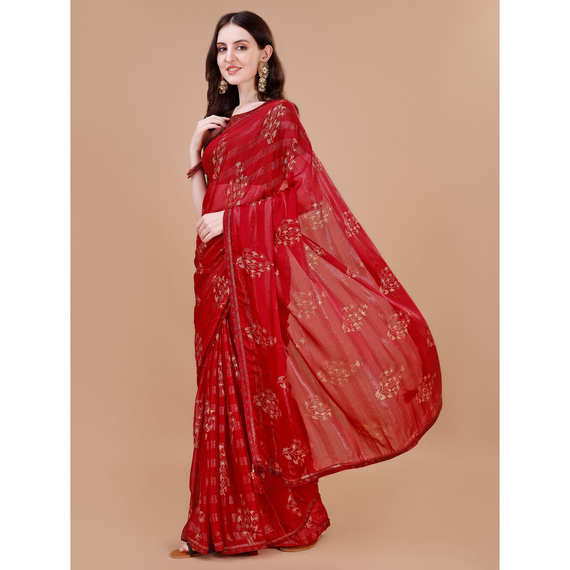 Red Foil Printed Chiffon Saree With Lace Border