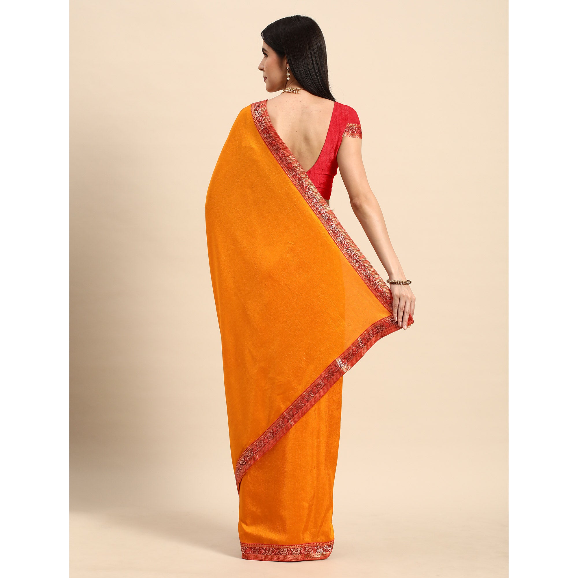 Mustard Swarovski Work Vichitra Silk Saree With Fancy Border