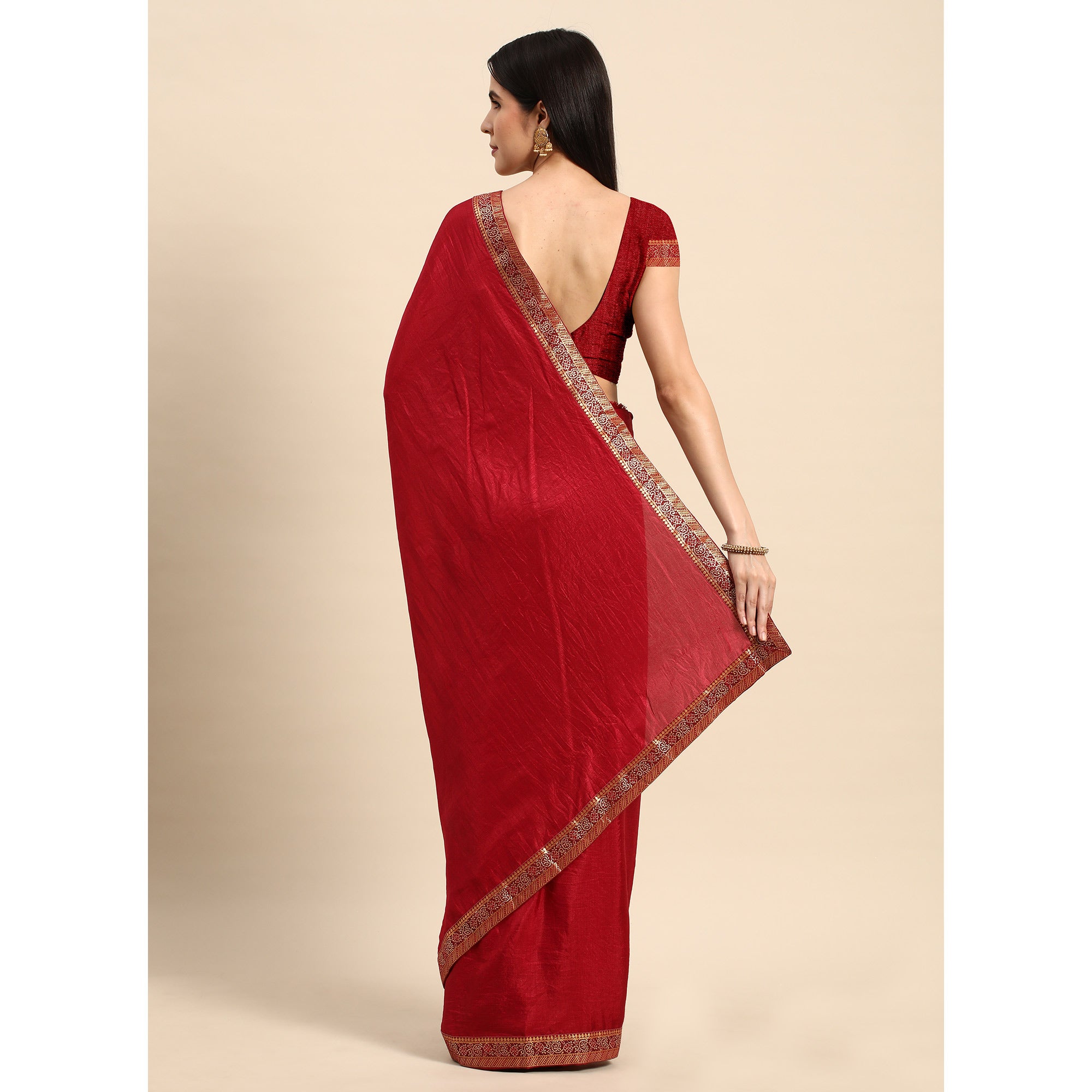 Maroon Swarovski Work Vichitra Silk Saree With Fancy Border