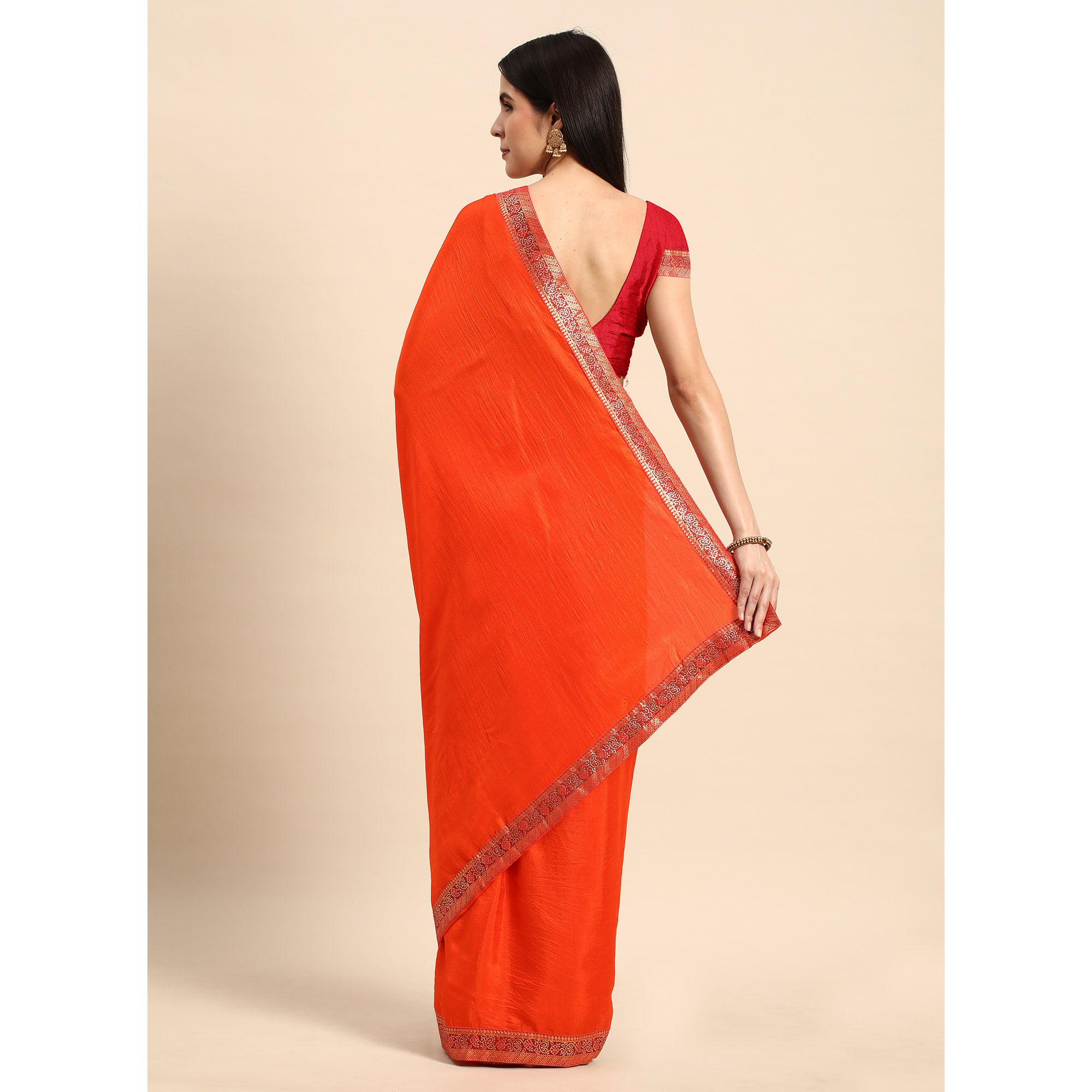 Orange Swarovski Work Vichitra Silk Saree With Fancy Border