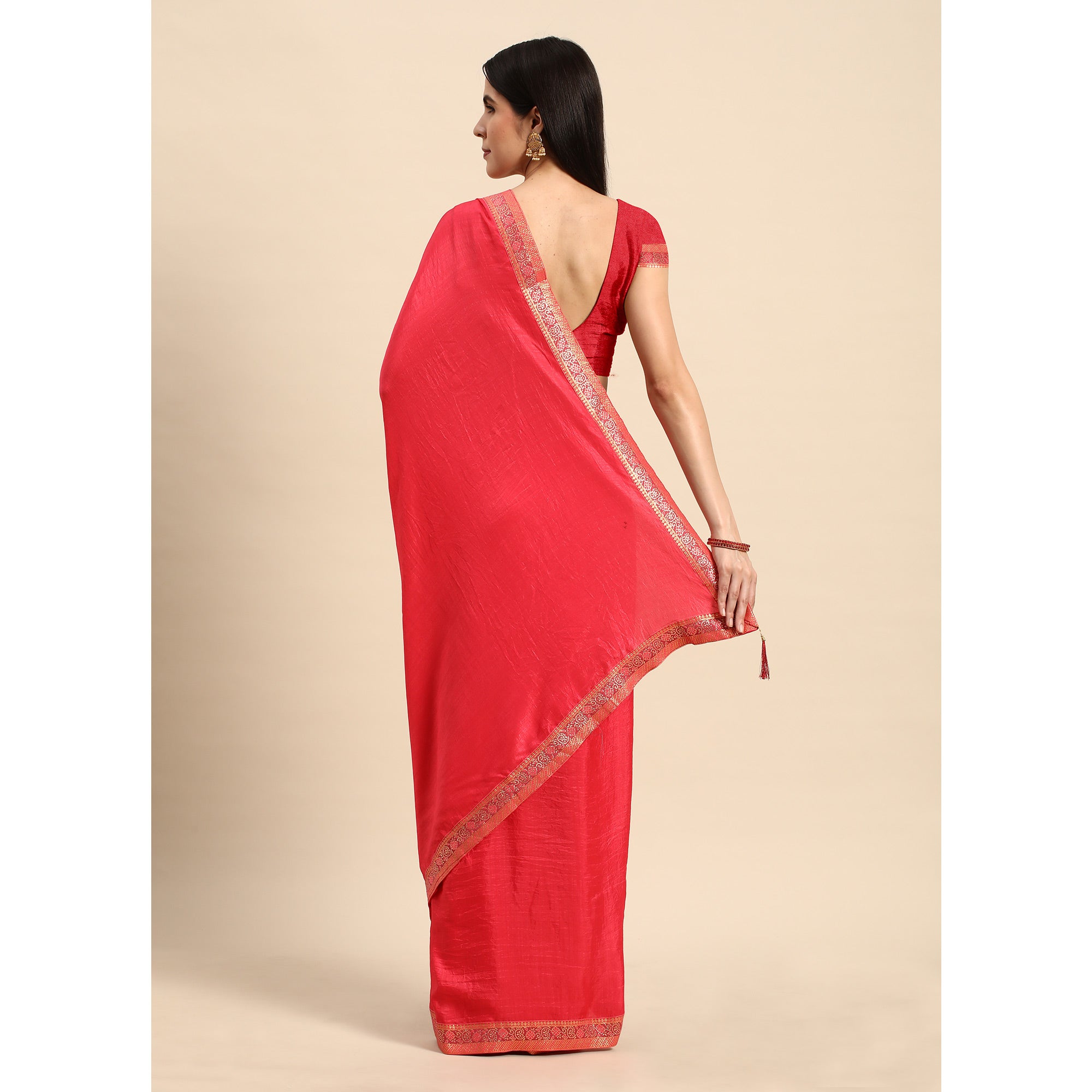 Pink Swarovski Work Vichitra Silk Saree With Fancy Border