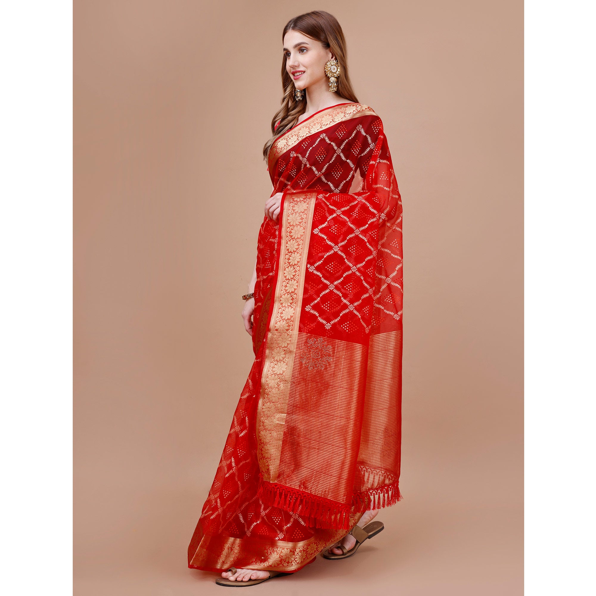 Red Bandhani Printed Organza Saree With Woven Border