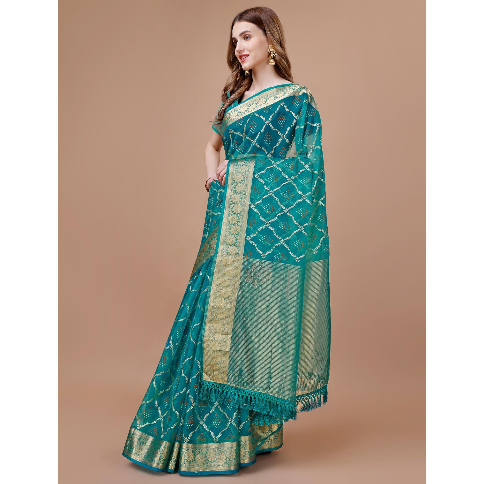 Rama Blue Bandhani Printed Organza Saree With Woven Border