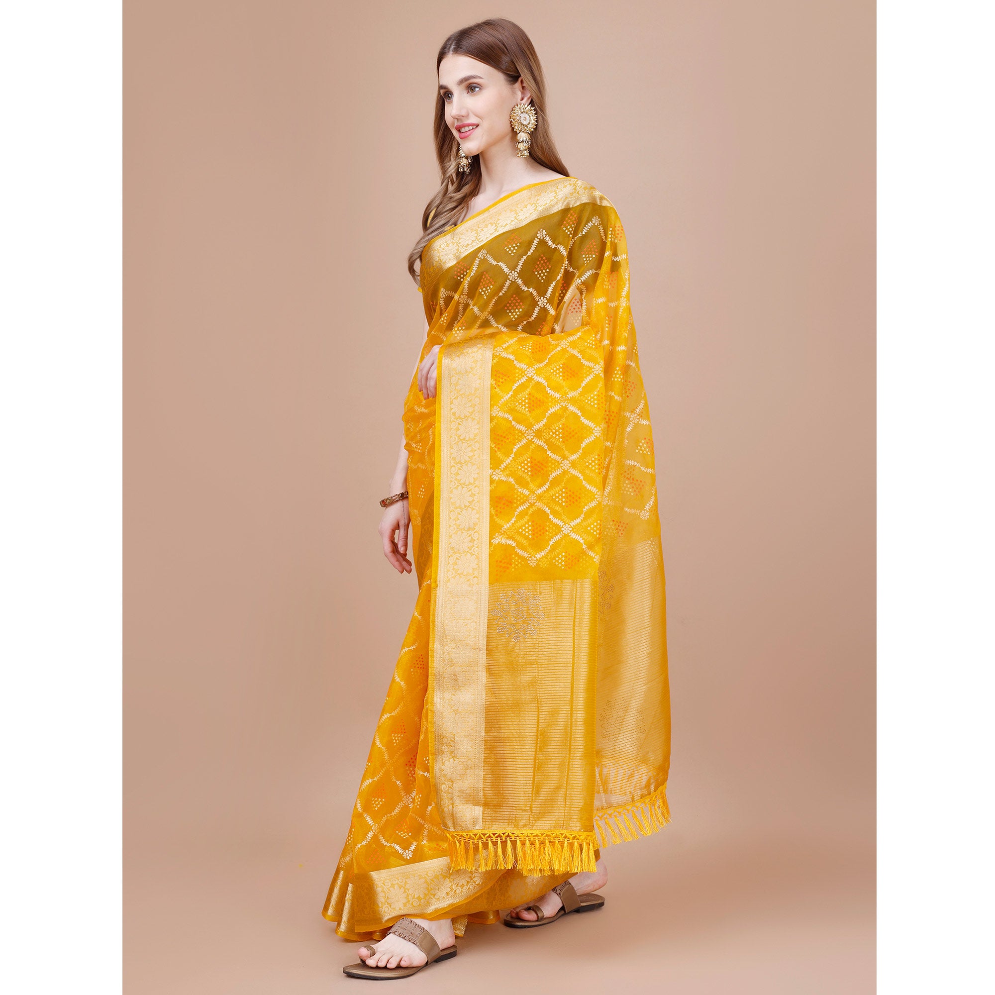 Yellow Bandhani Printed Organza Saree With Woven Border