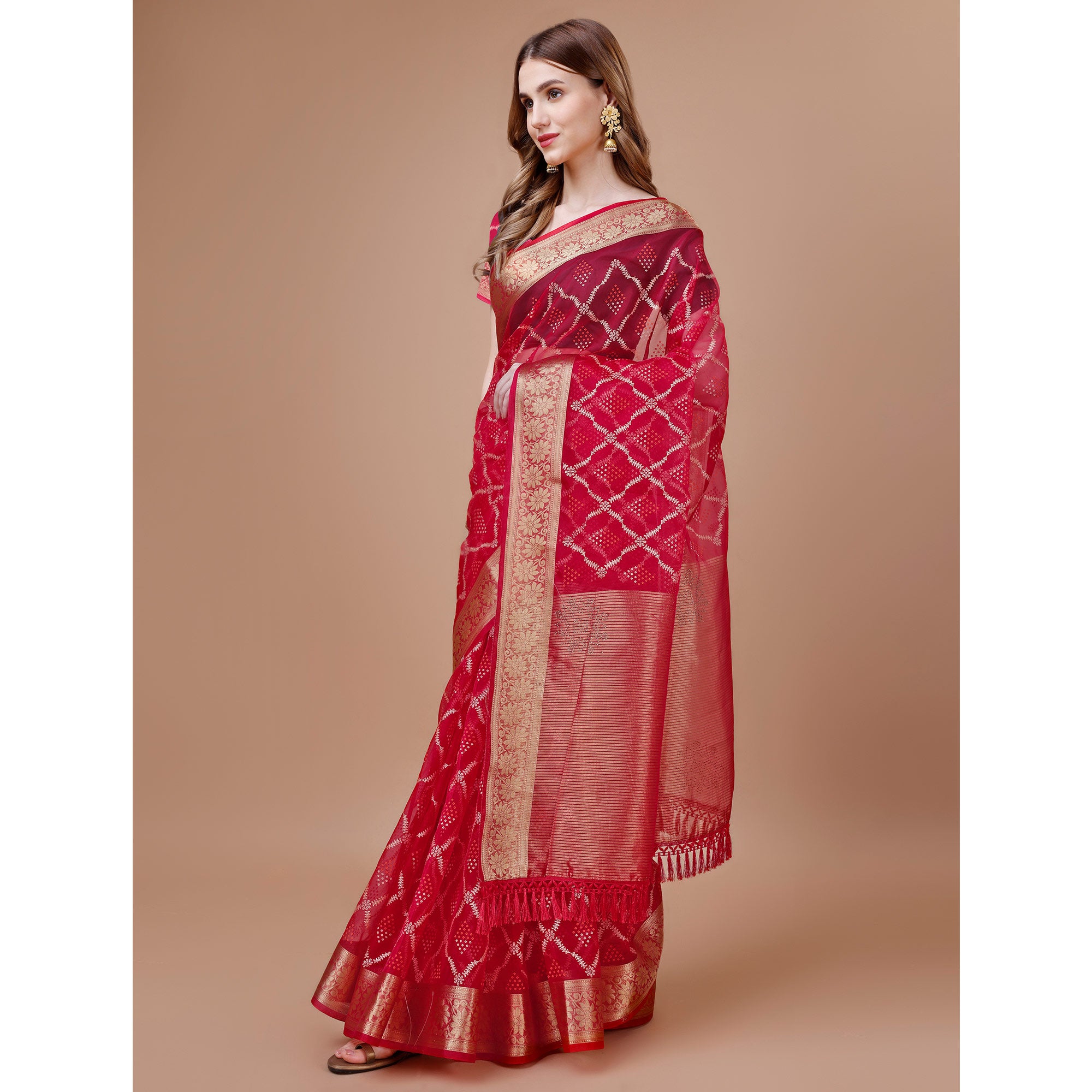 Rani Pink Bandhani Printed Organza Saree With Woven Border