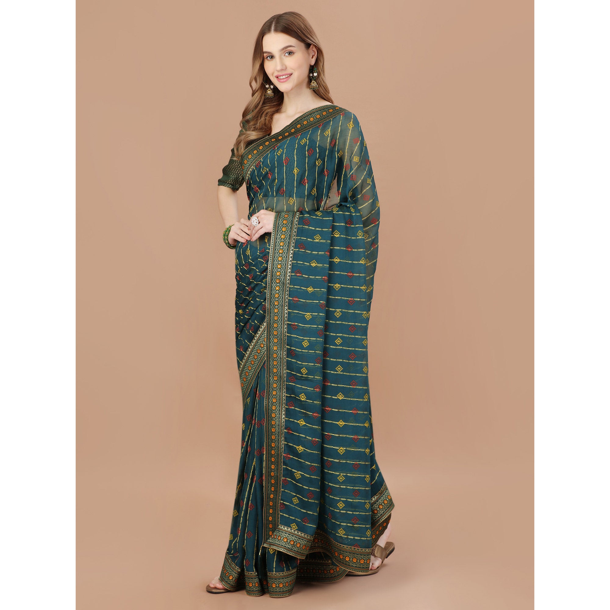 Blue Foil Printed Chiffon Saree With Lace Border