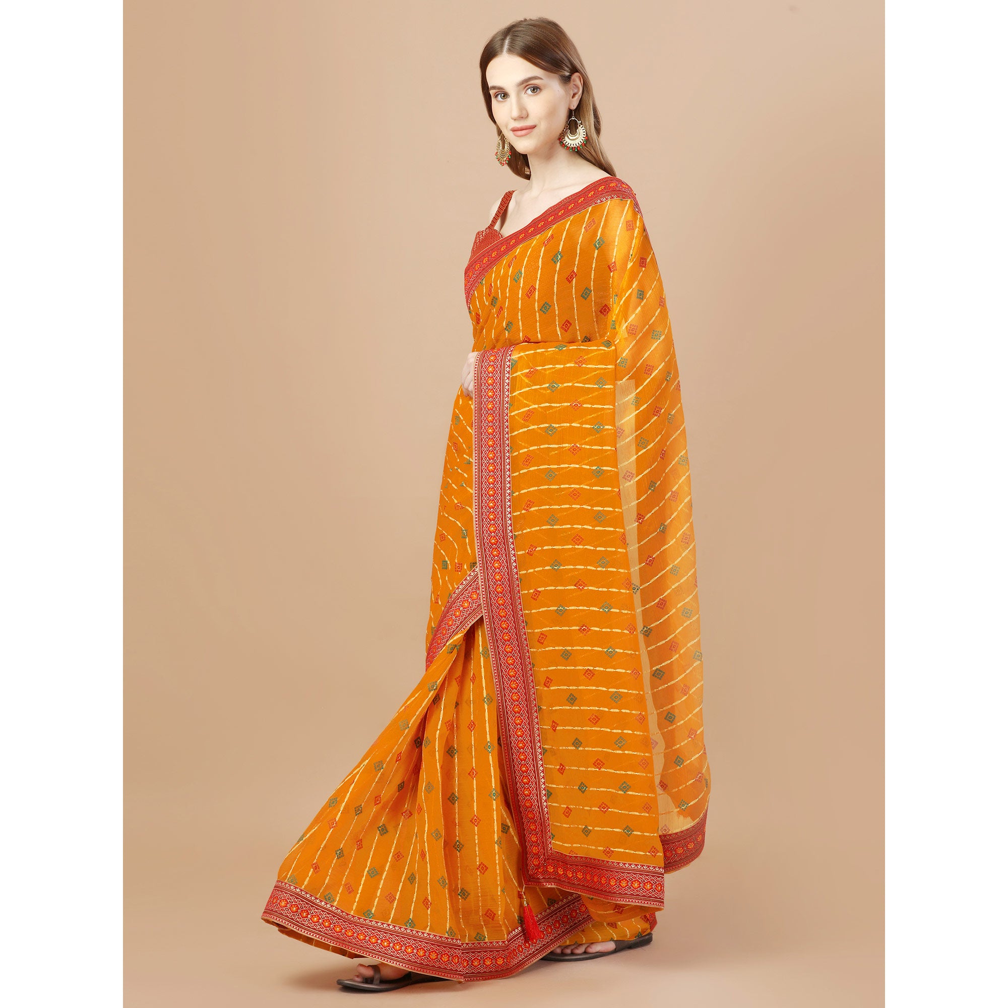 Orange Foil Printed Chiffon Saree With Lace Border