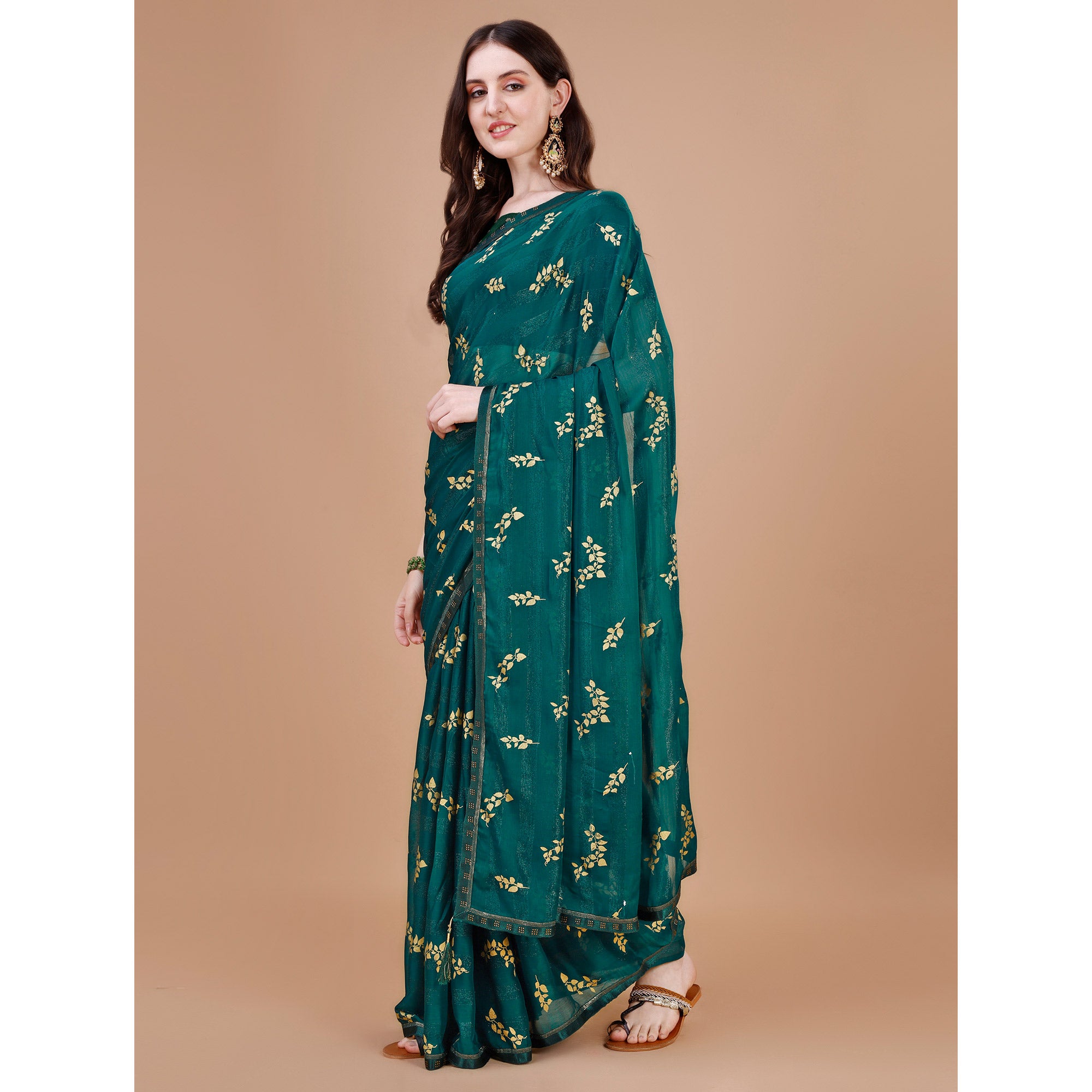 Green Foil Printed Chiffon Saree With Lace Border