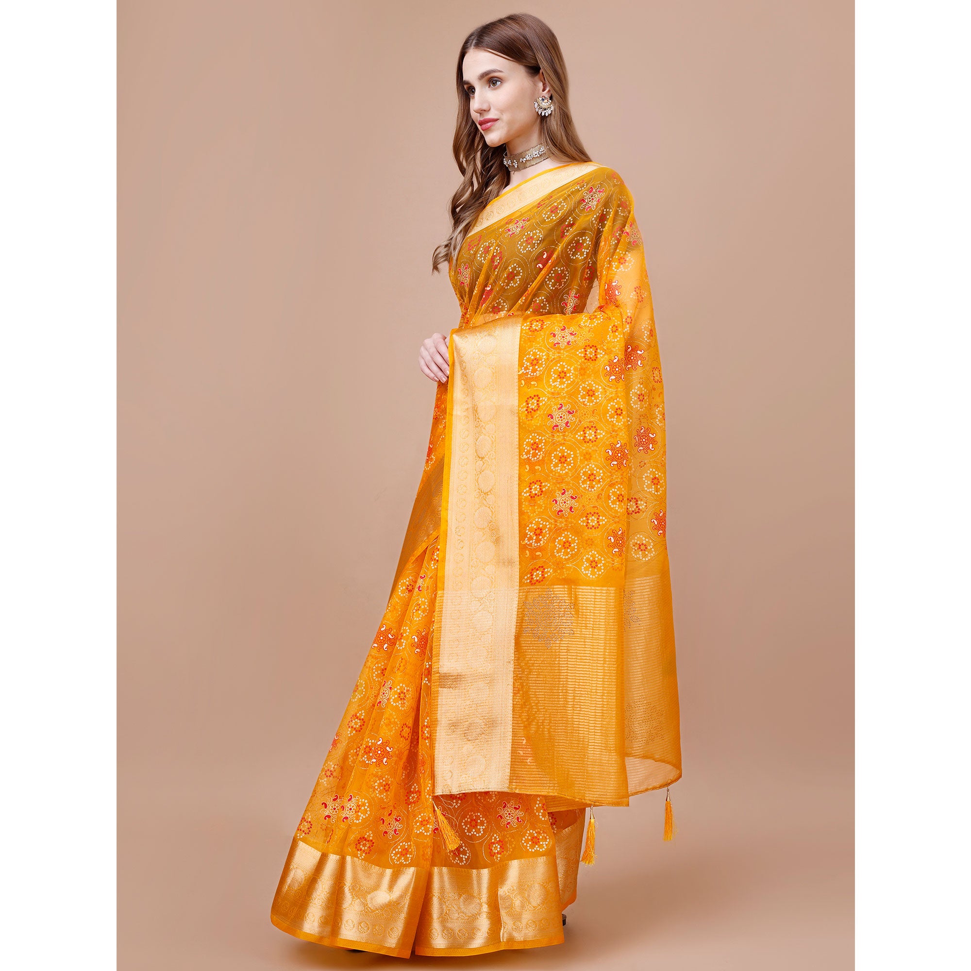 Yellow Bandhani Printed Organza Saree With Woven Border