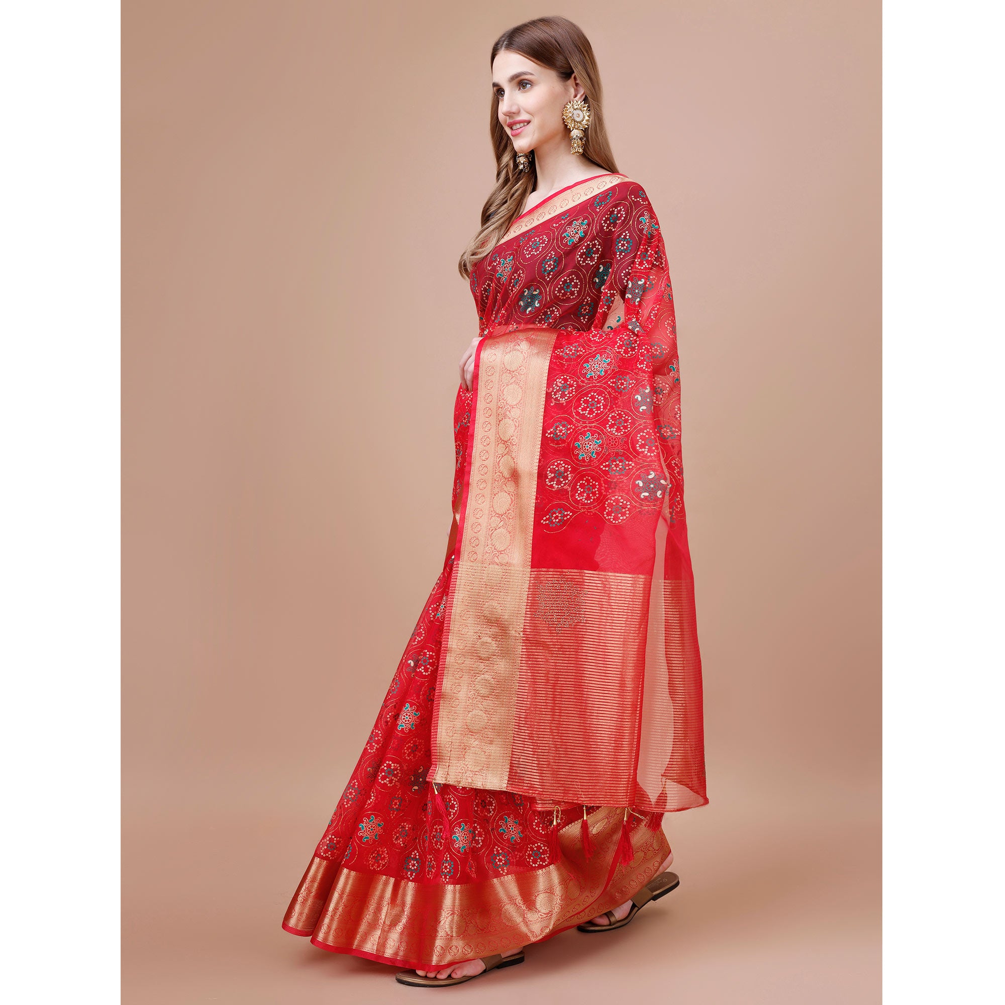 Red Bandhani Printed Organza Saree With Woven Border