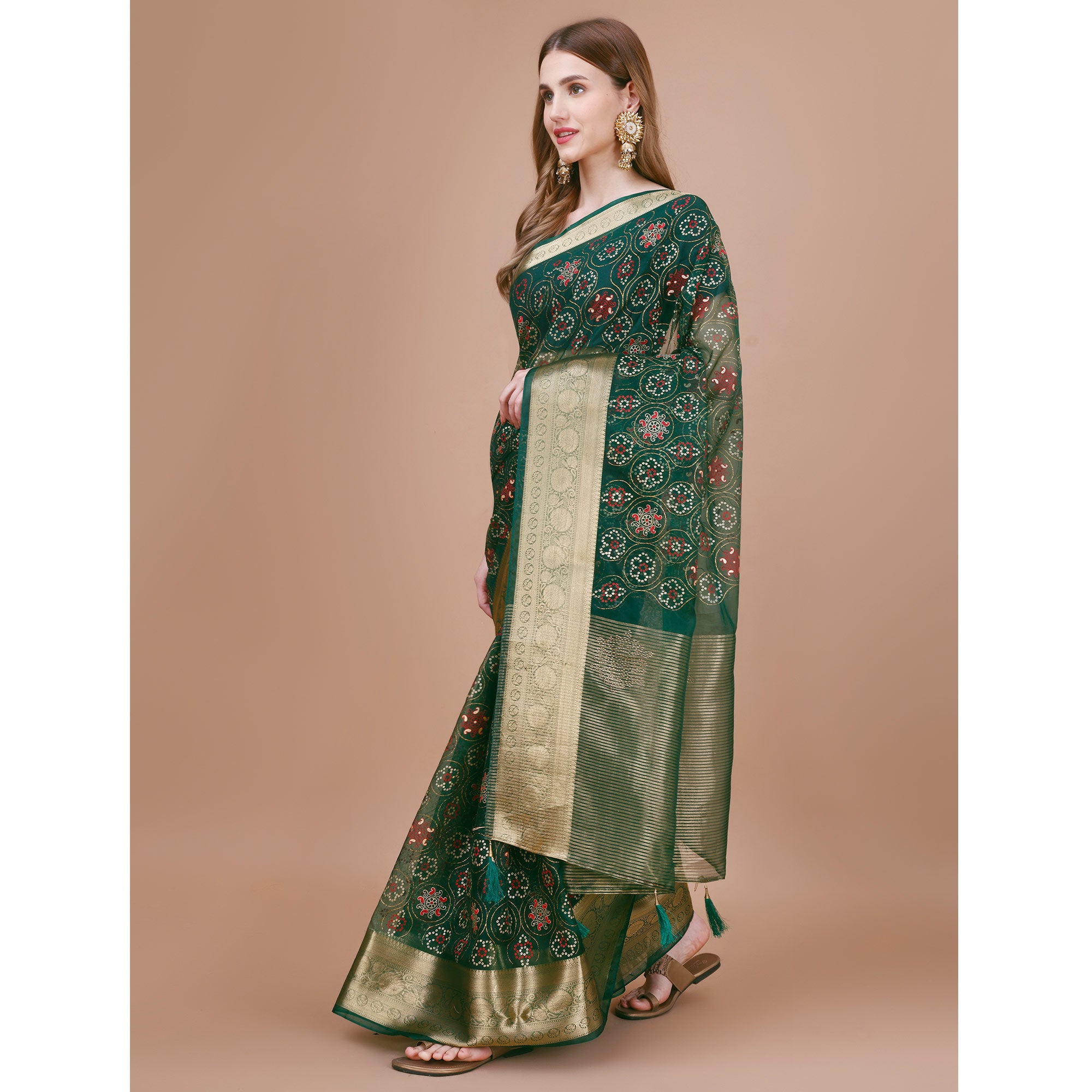 Green Bandhani Printed Organza Saree With Woven Border