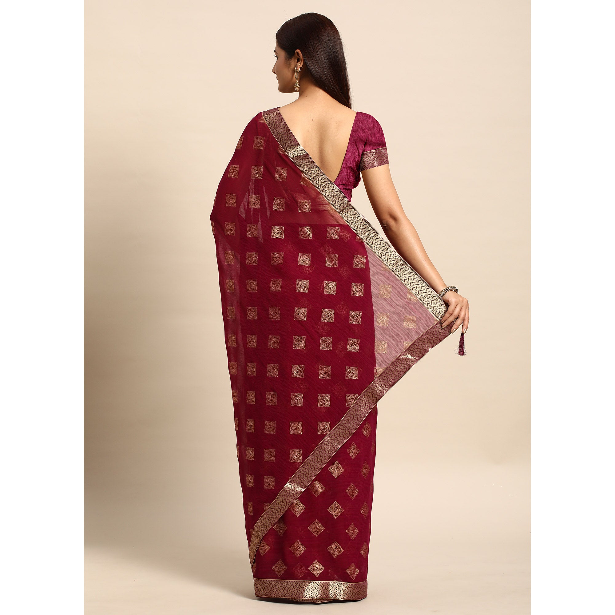 Wine Foil Printed Chiffon Saree With Tassels