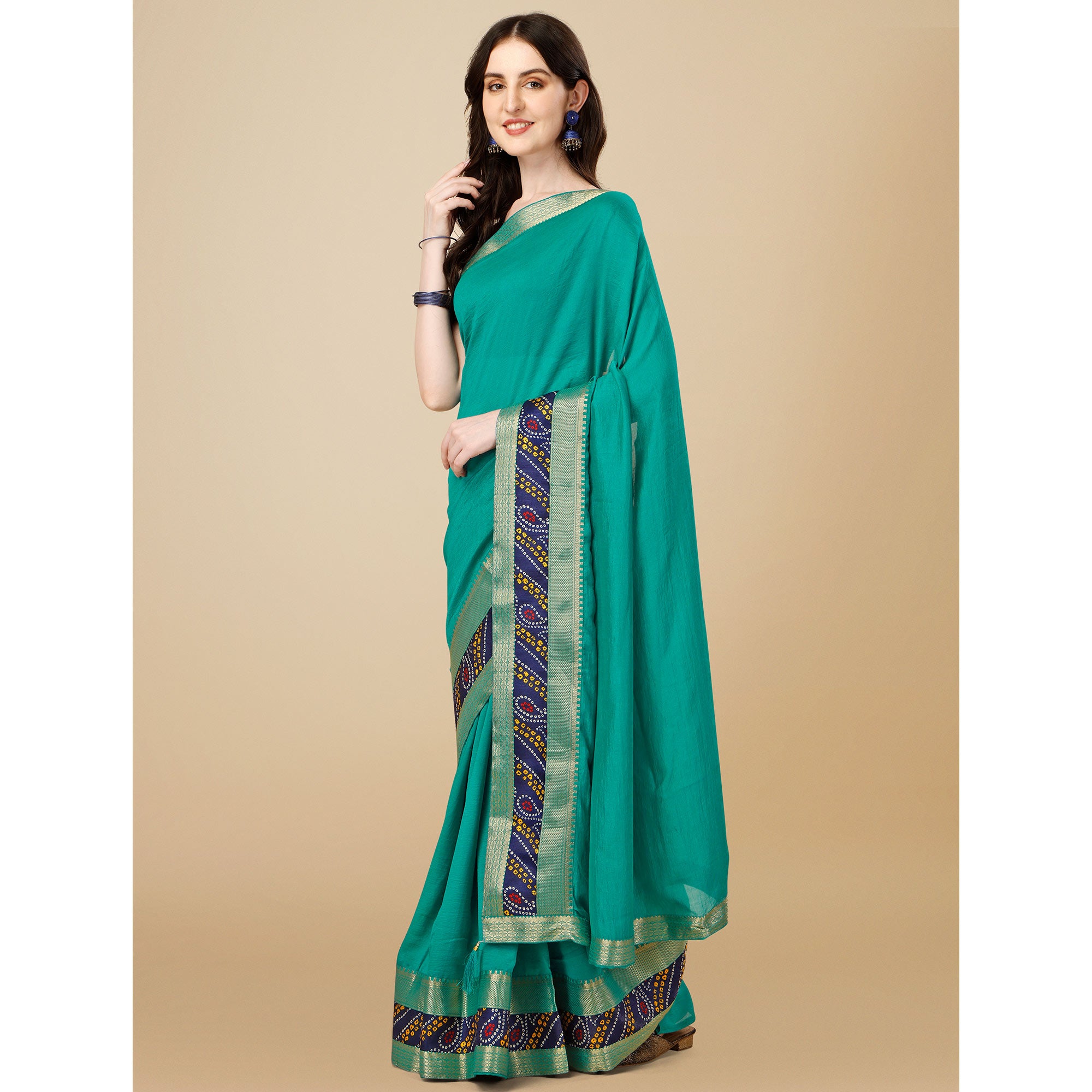 Turquoise Solid Vichitra Silk Saree