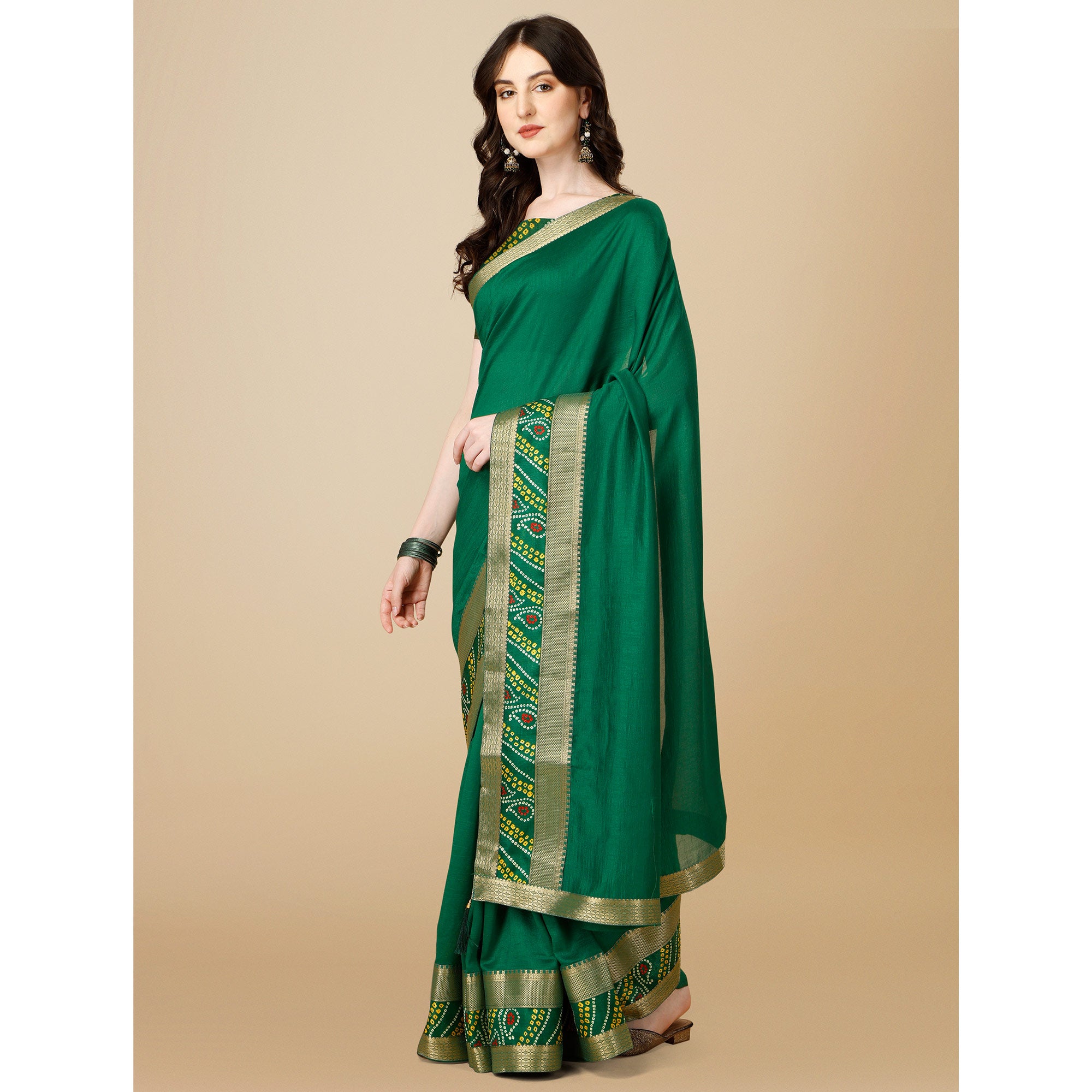 Green Solid Vichitra Silk Saree