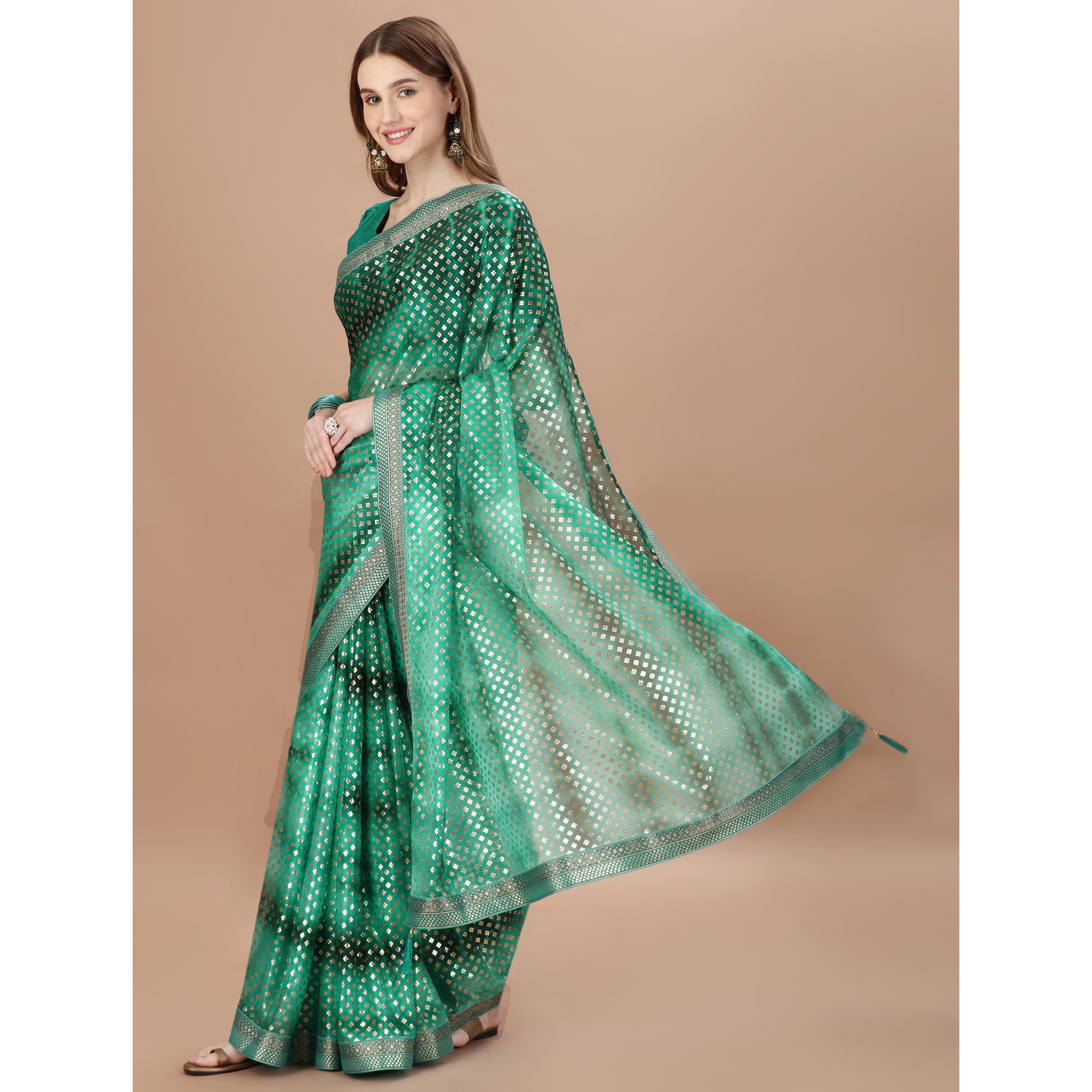 Green Foil Printed Lycra Saree With Lace Border